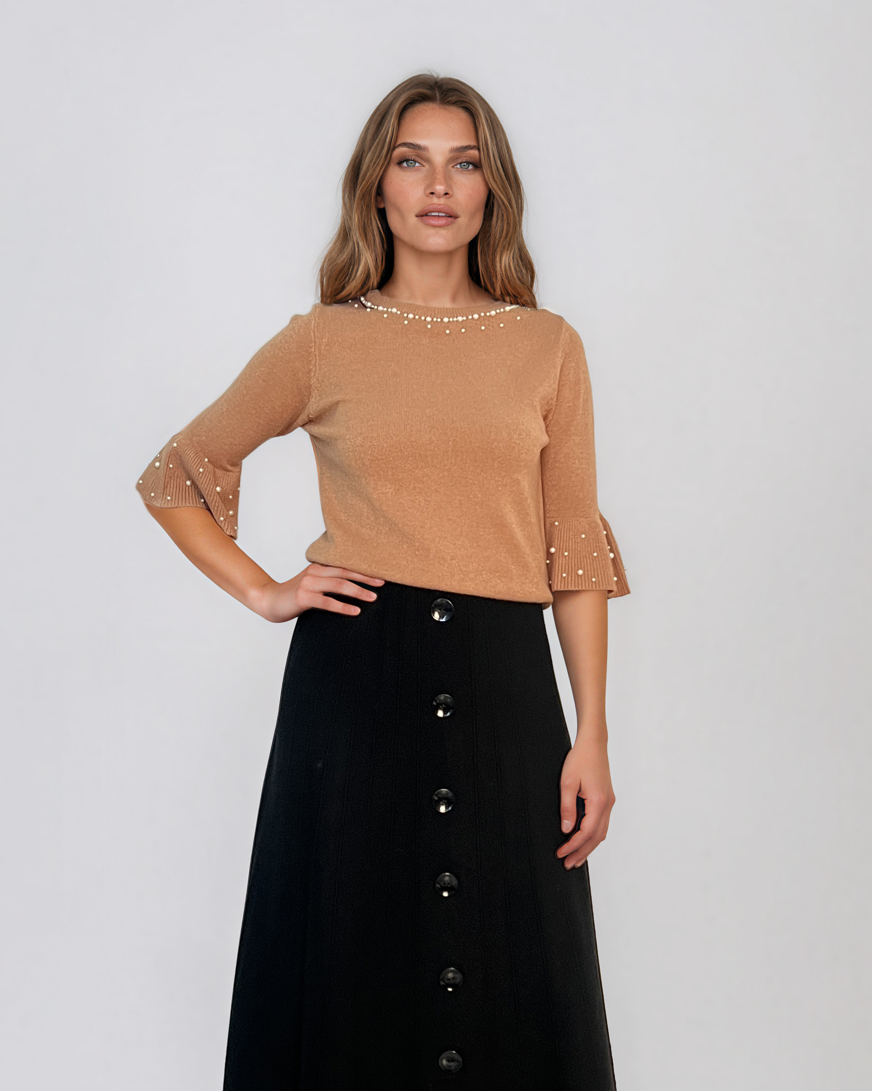 Pulover din tricot cu perle şi mâneci evazate beige DY734