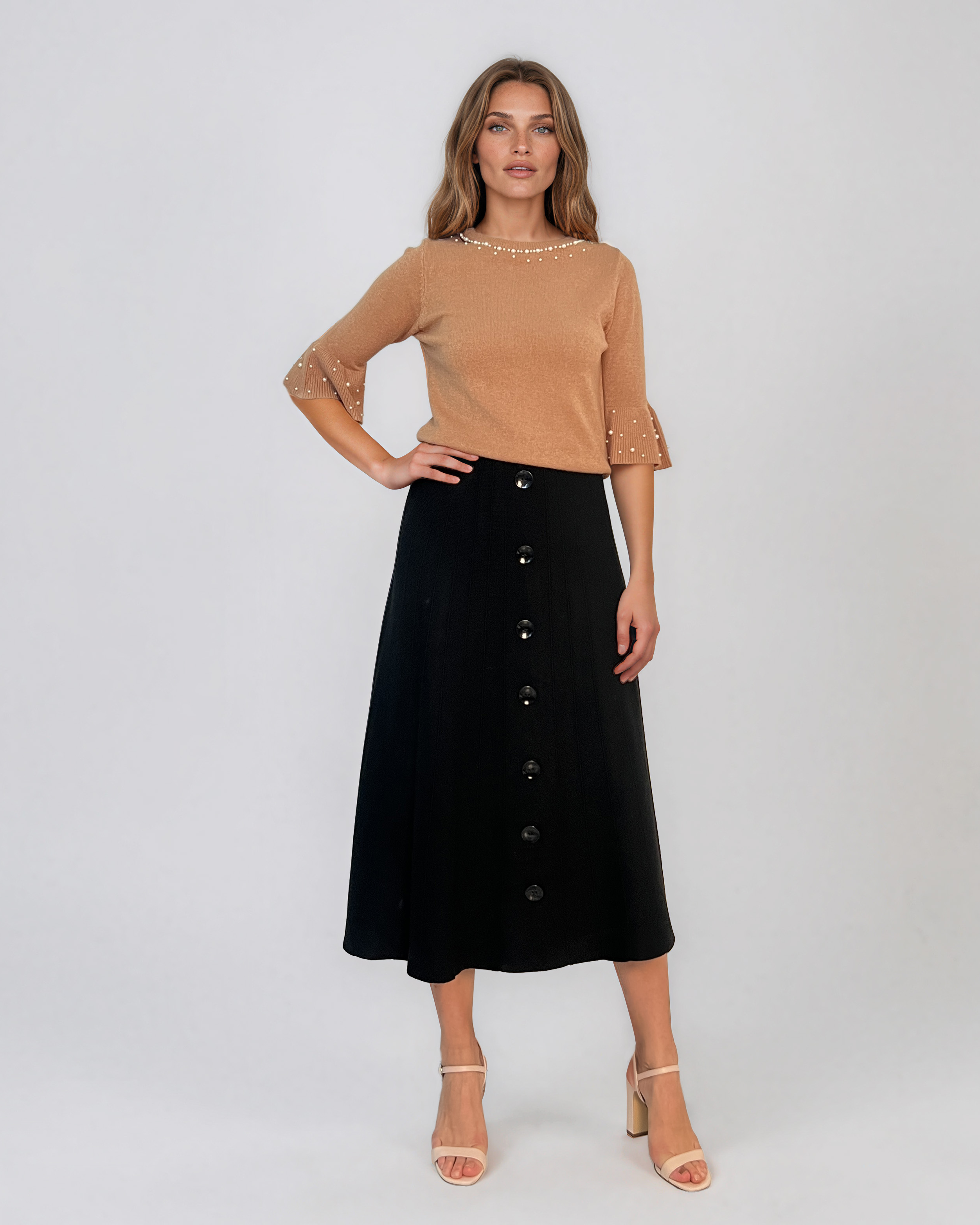 Pulover din tricot cu perle şi mâneci evazate beige DY734
