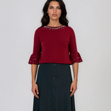 Pulover din tricot cu perle şi mâneci evazate grena DY734