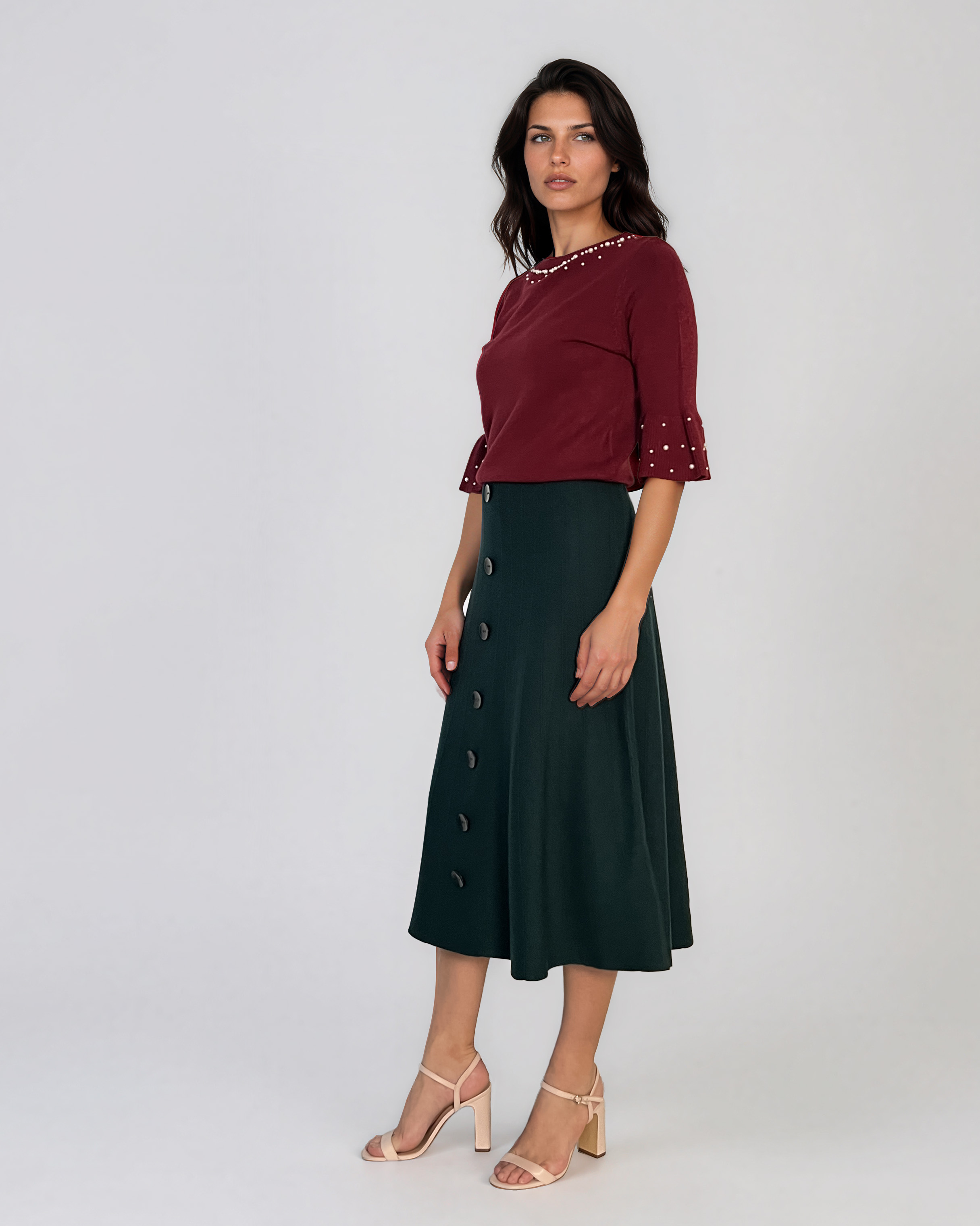 Pulover din tricot cu perle şi mâneci evazate grena DY734