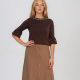 Pulover din tricot cu perle şi mâneci evazate maro DY734