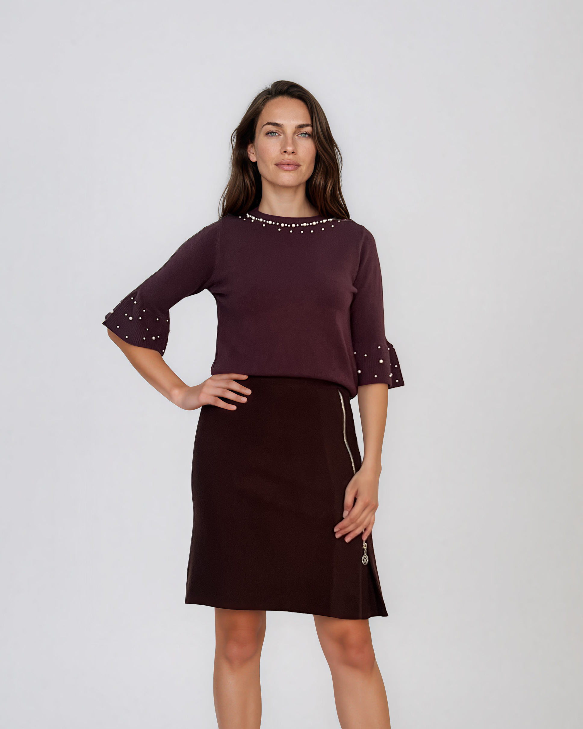 Pulover din tricot cu perle şi mâneci evazate mov DY734