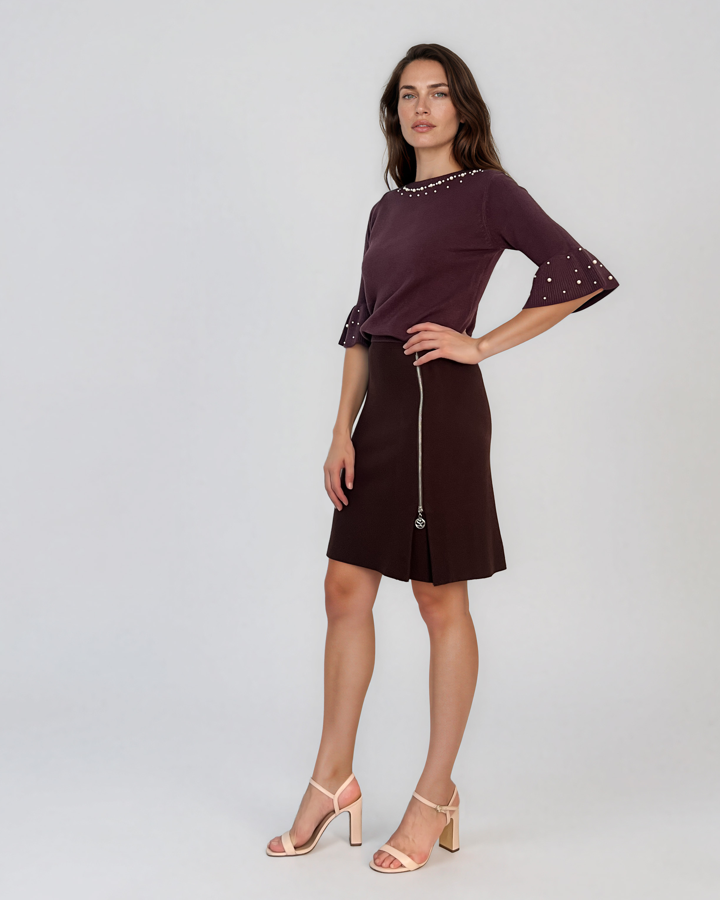 Pulover din tricot cu perle şi mâneci evazate mov DY734