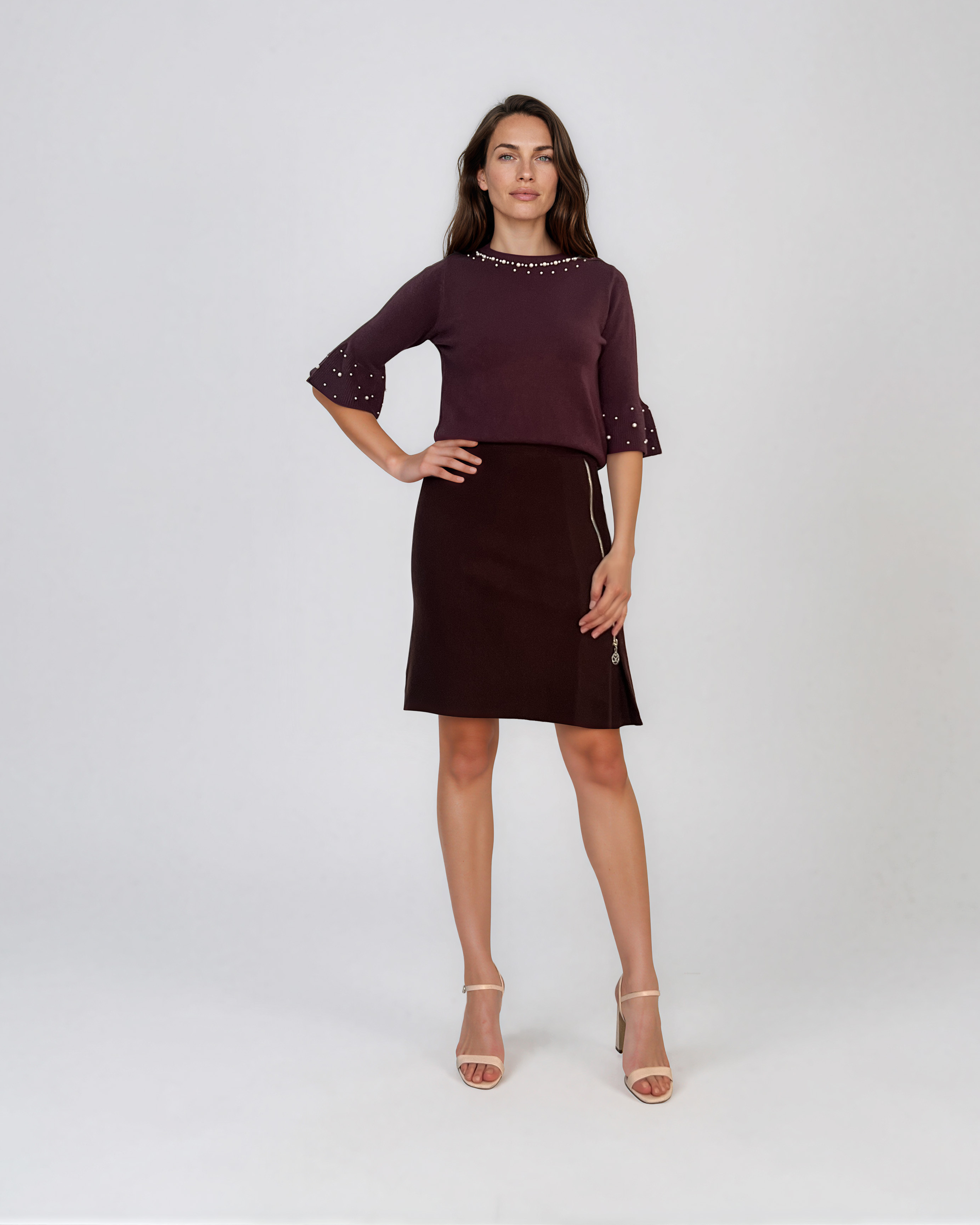 Pulover din tricot cu perle şi mâneci evazate mov DY734
