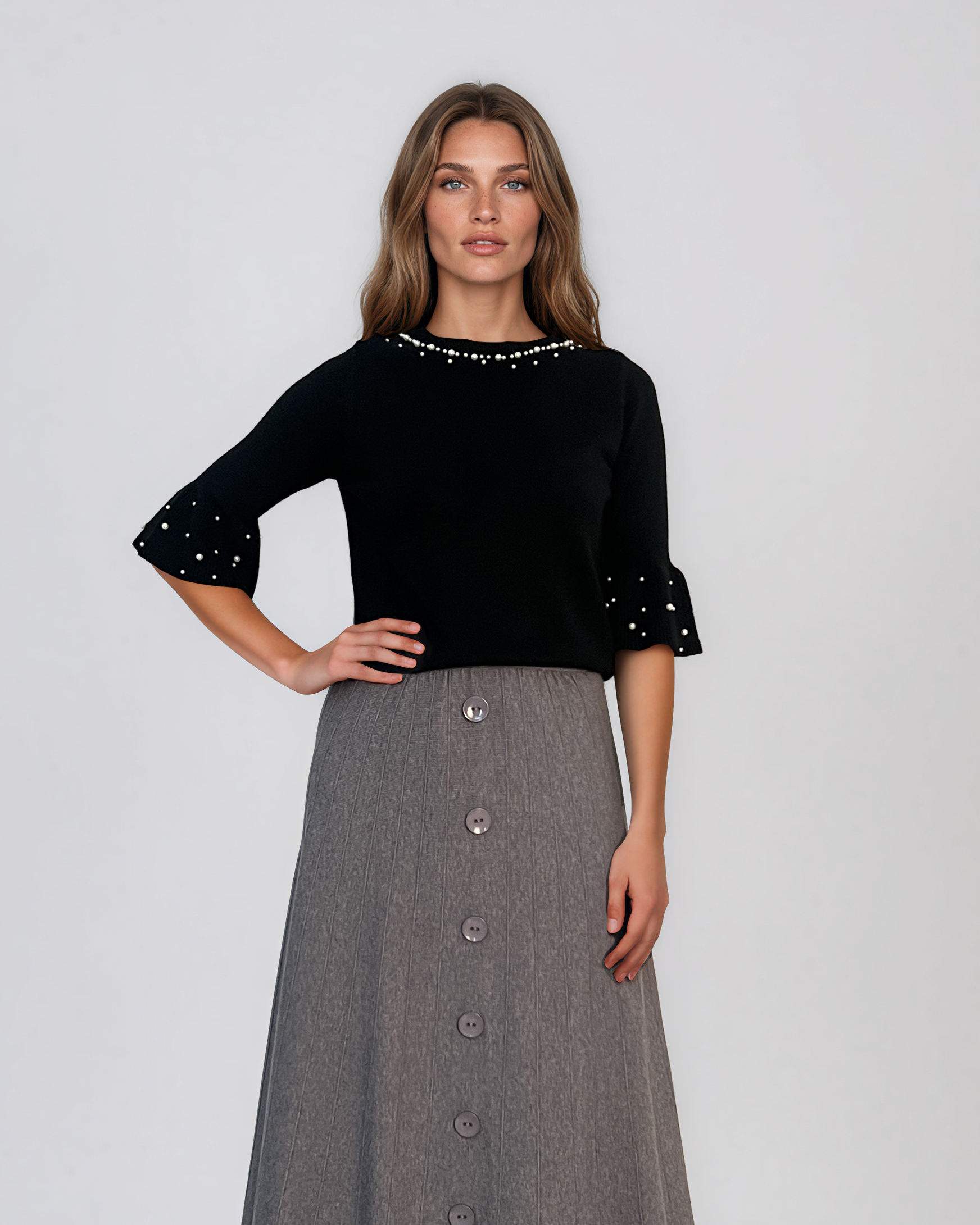 Pulover din tricot cu perle şi mâneci evazate negru DY734