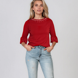 Pulover din tricot cu perle şi mâneci evazate roşu DY734
