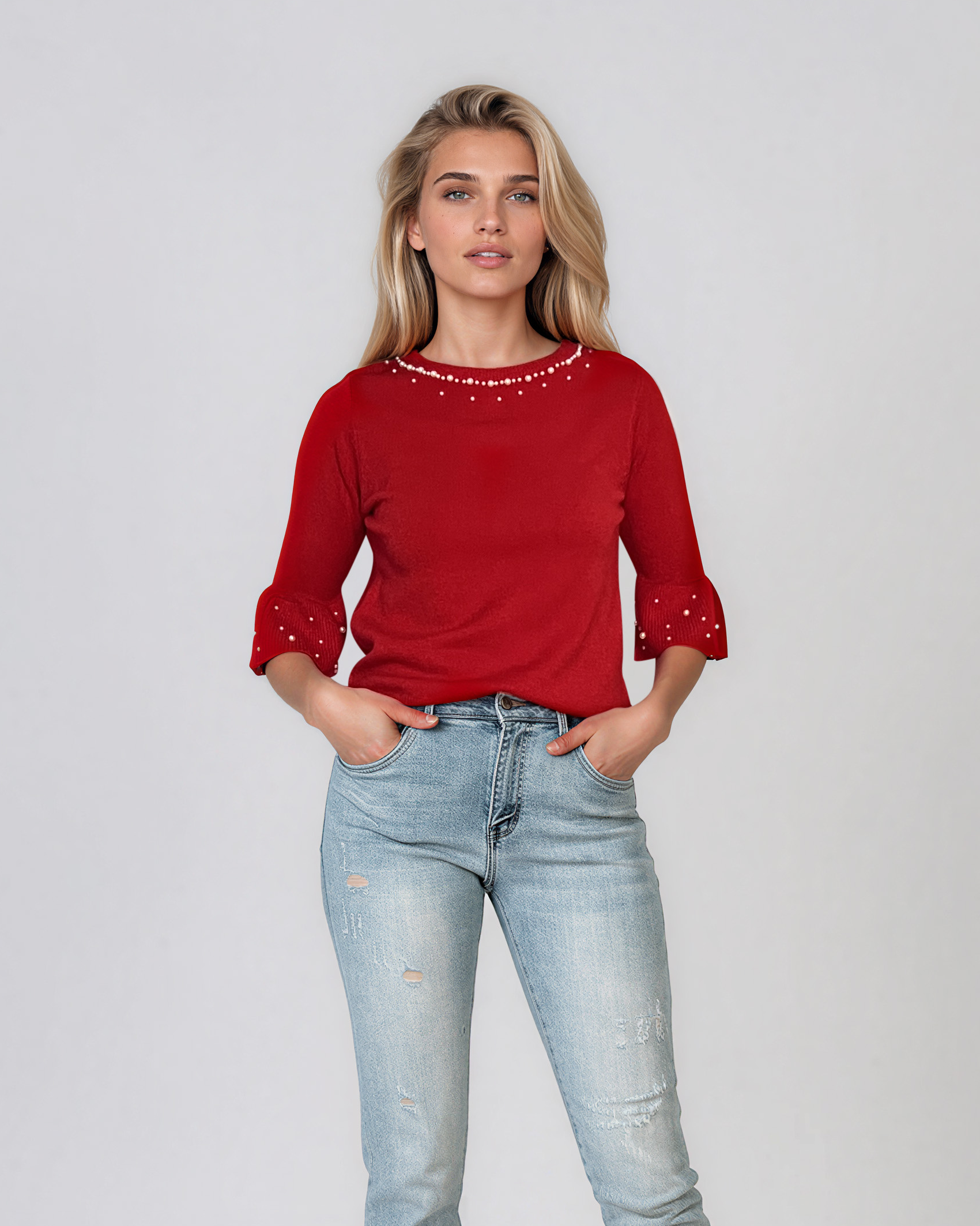 Pulover din tricot cu perle şi mâneci evazate roşu DY734