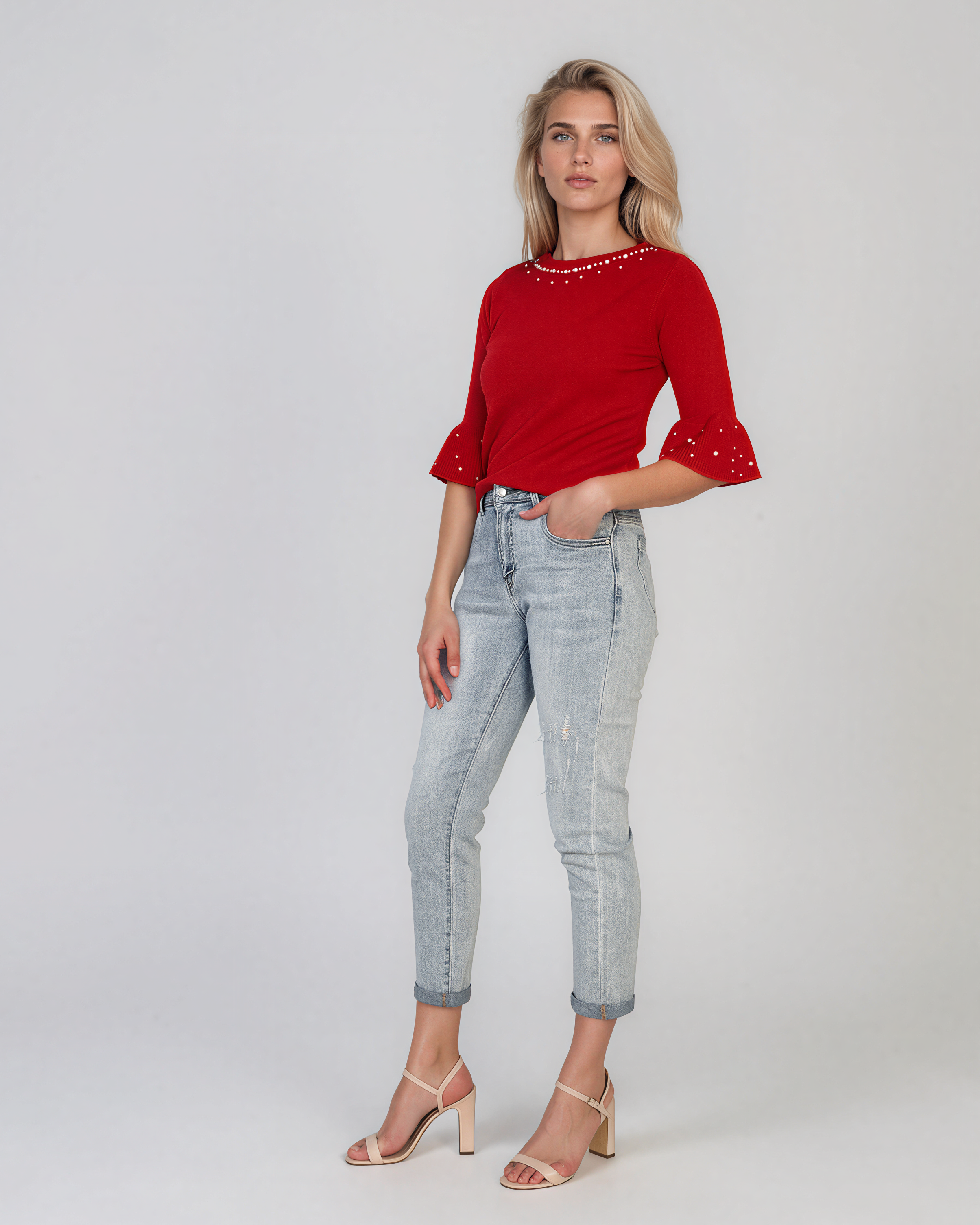 Pulover din tricot cu perle şi mâneci evazate roşu DY734