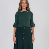 Pulover din tricot cu perle şi mâneci evazate verde DY734