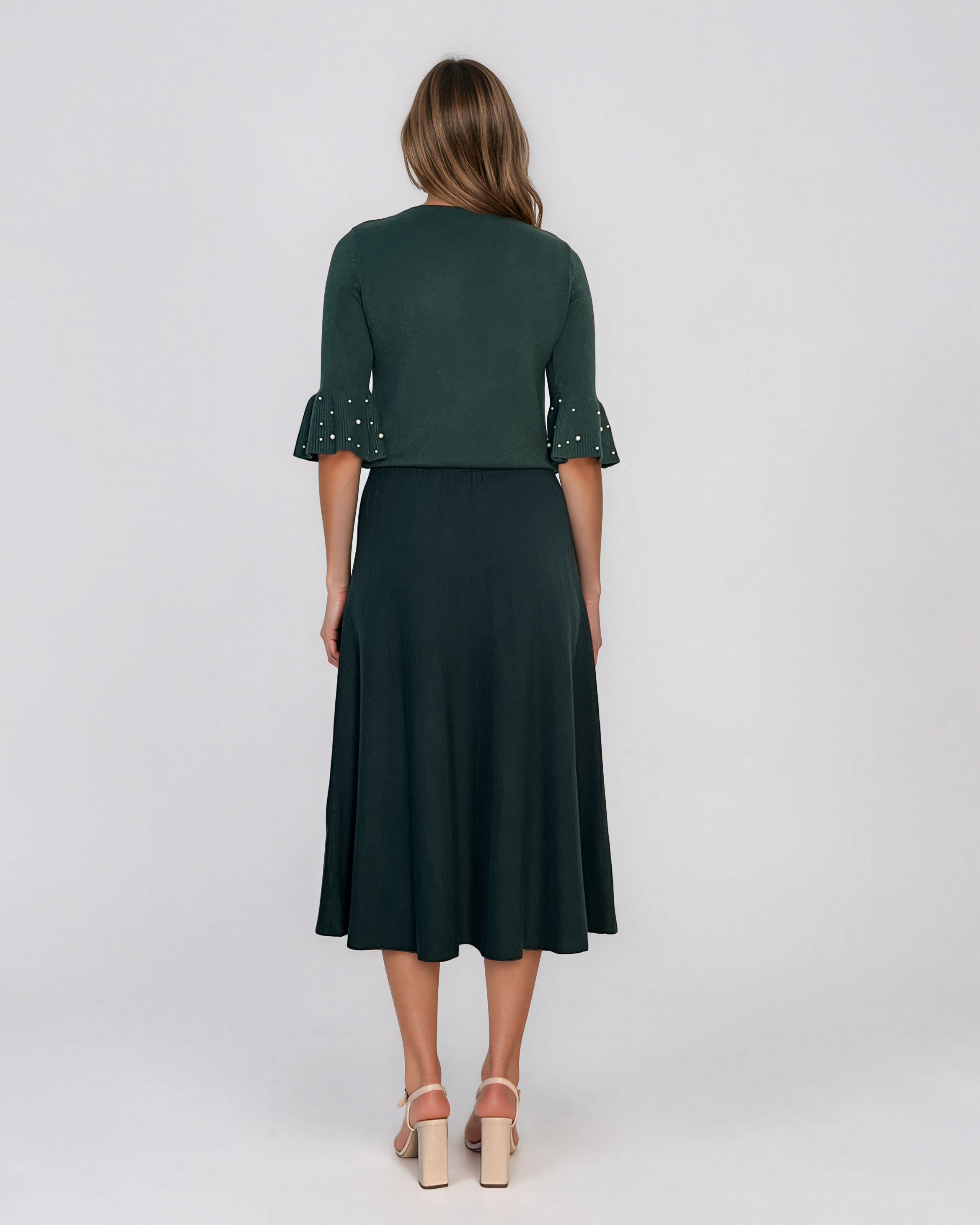 Pulover din tricot cu perle şi mâneci evazate verde DY734