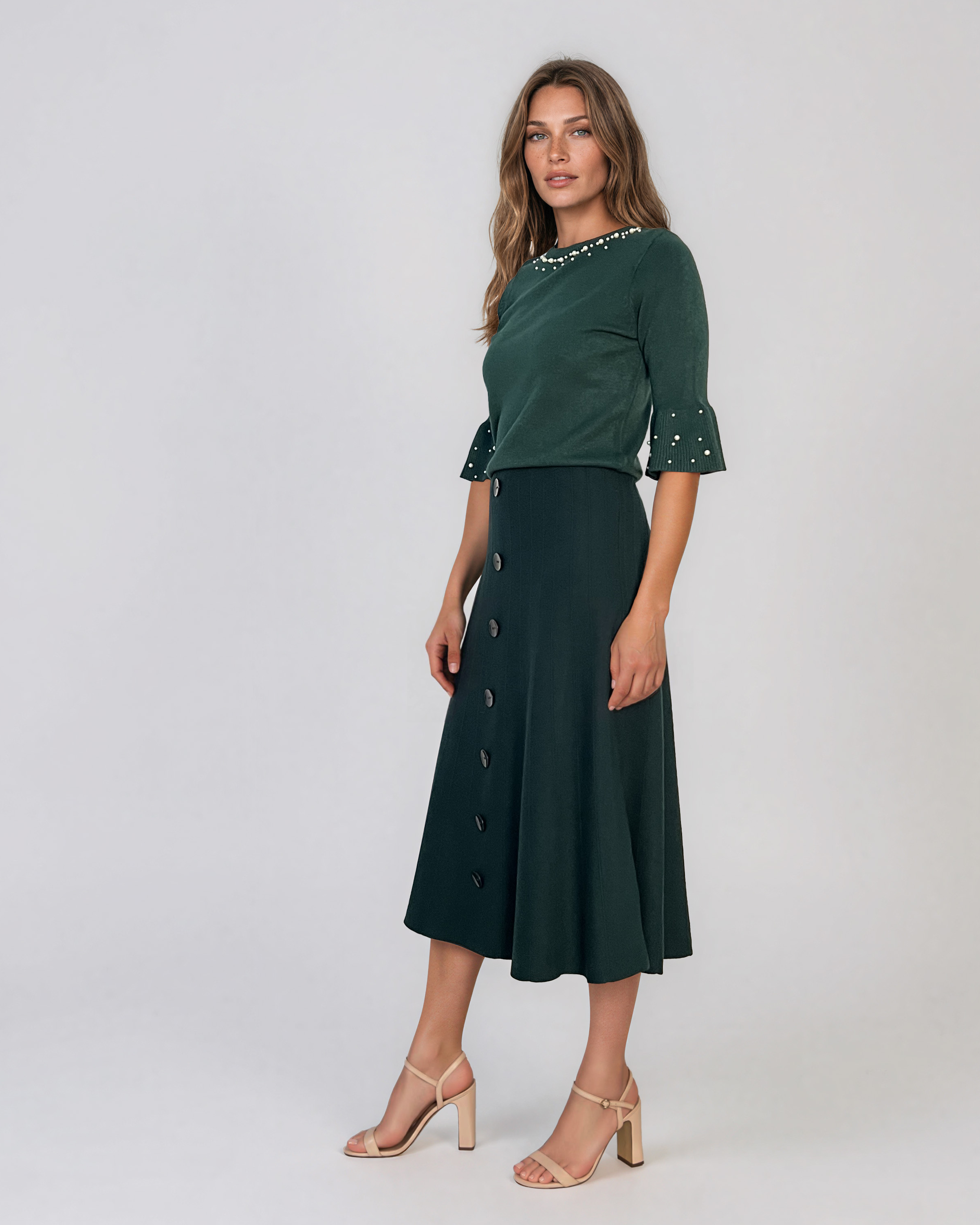 Pulover din tricot cu perle şi mâneci evazate verde DY734