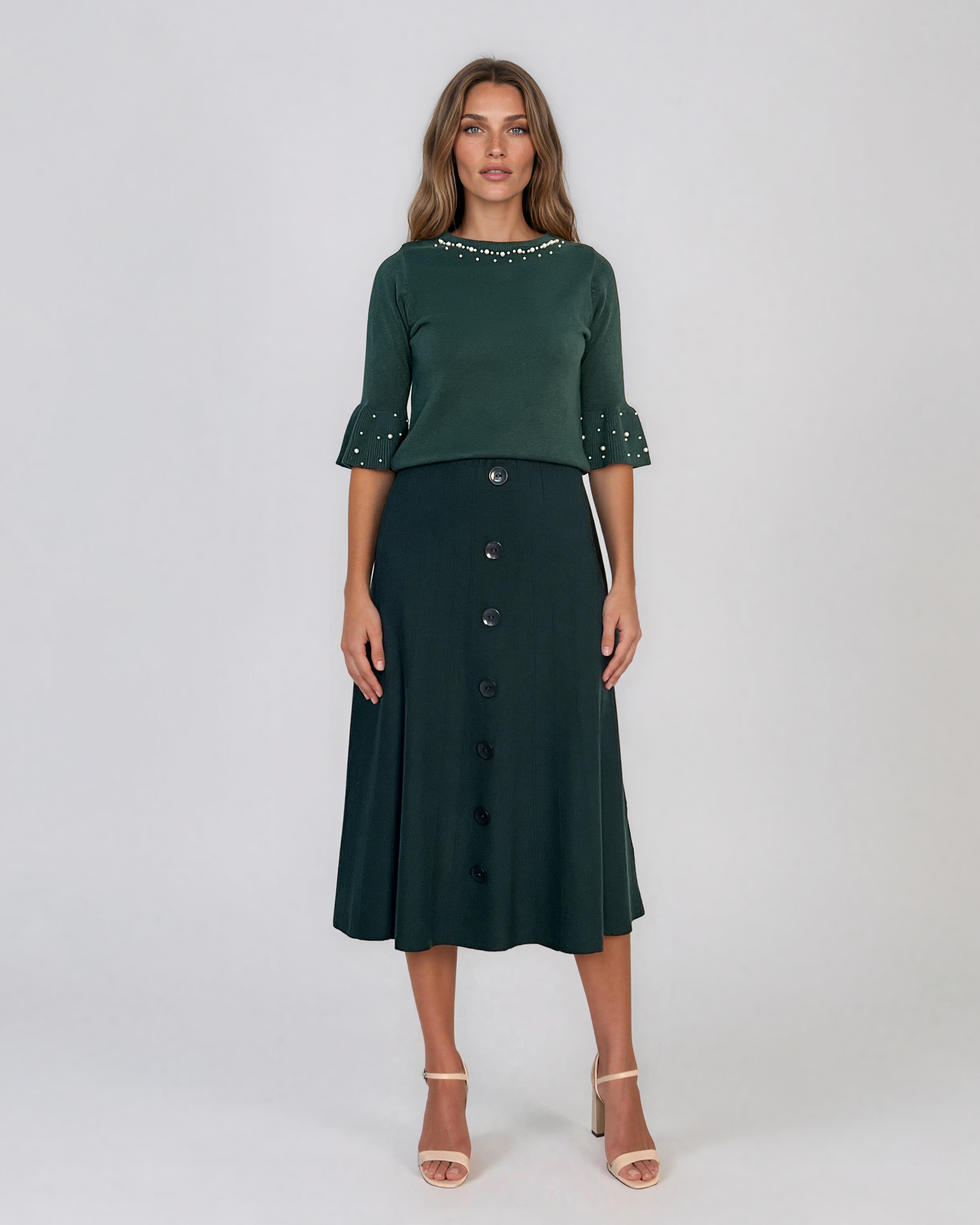Pulover din tricot cu perle şi mâneci evazate verde DY734
