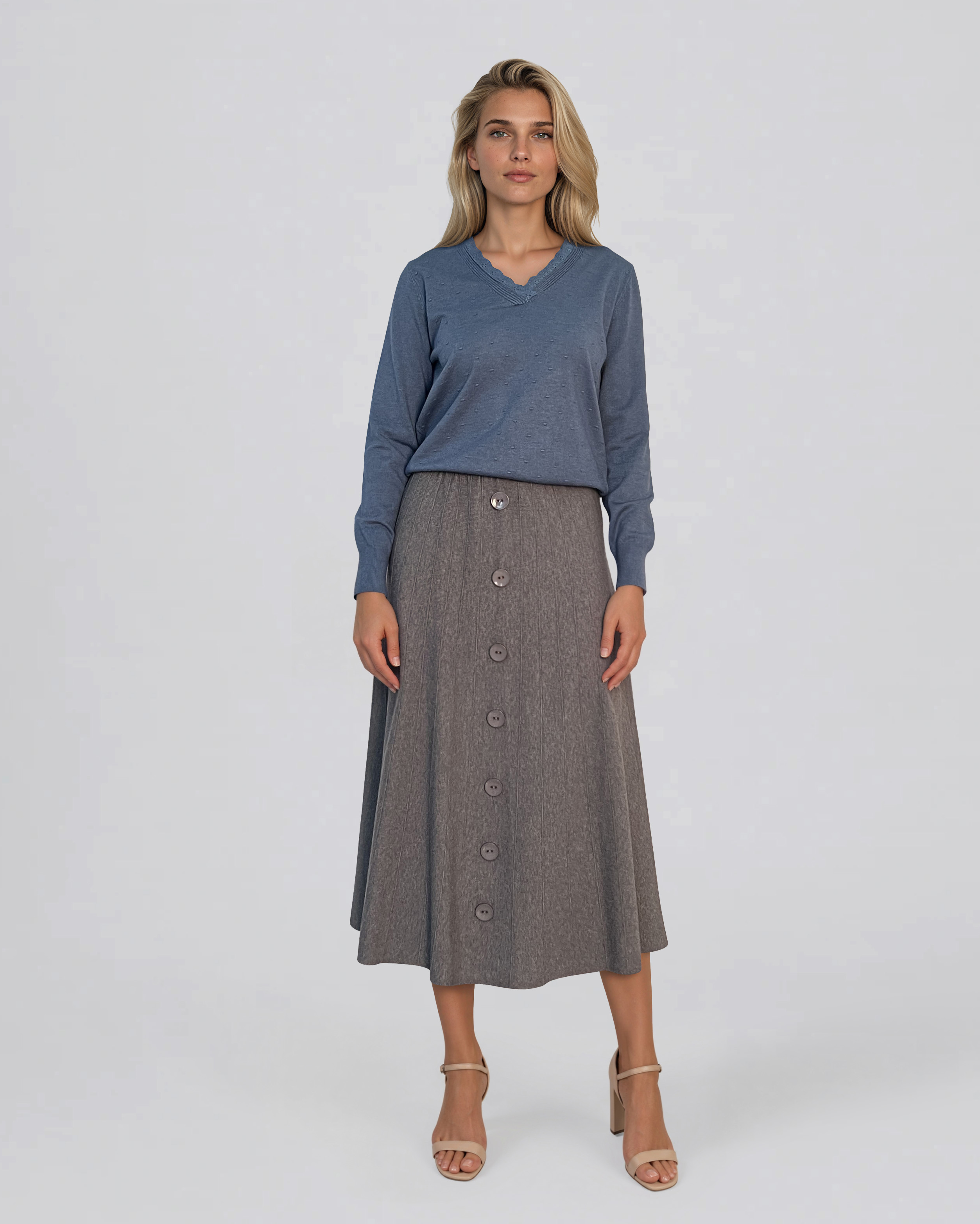 Pulover din tricot fin cu decolteu în V albastru DY732
