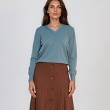 Pulover din tricot fin cu decolteu în V bleu DY732