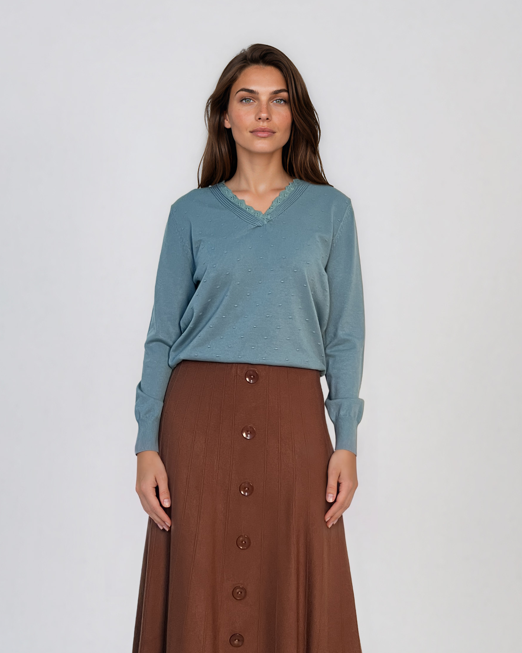 Pulover din tricot fin cu decolteu în V bleu DY732