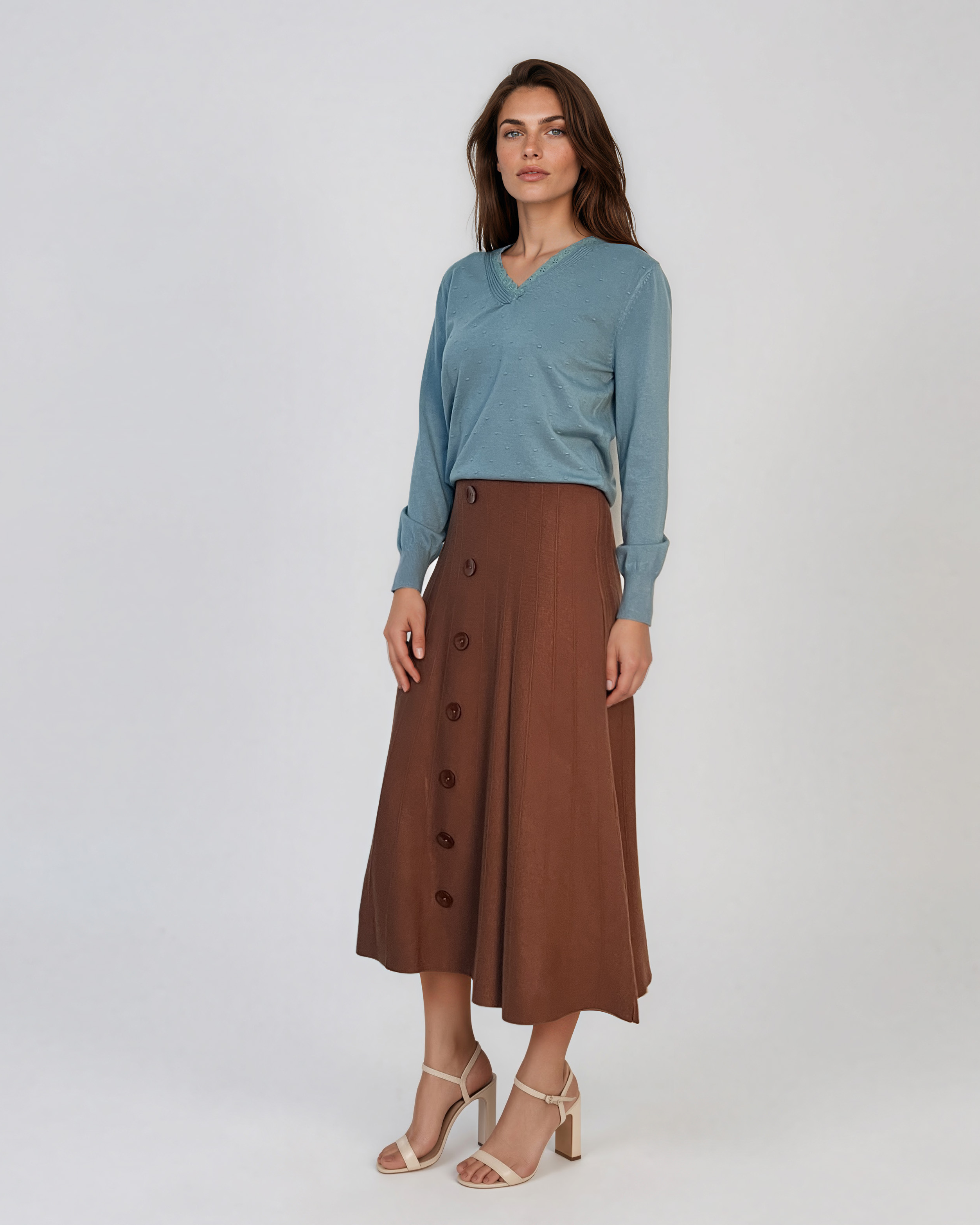 Pulover din tricot fin cu decolteu în V bleu DY732