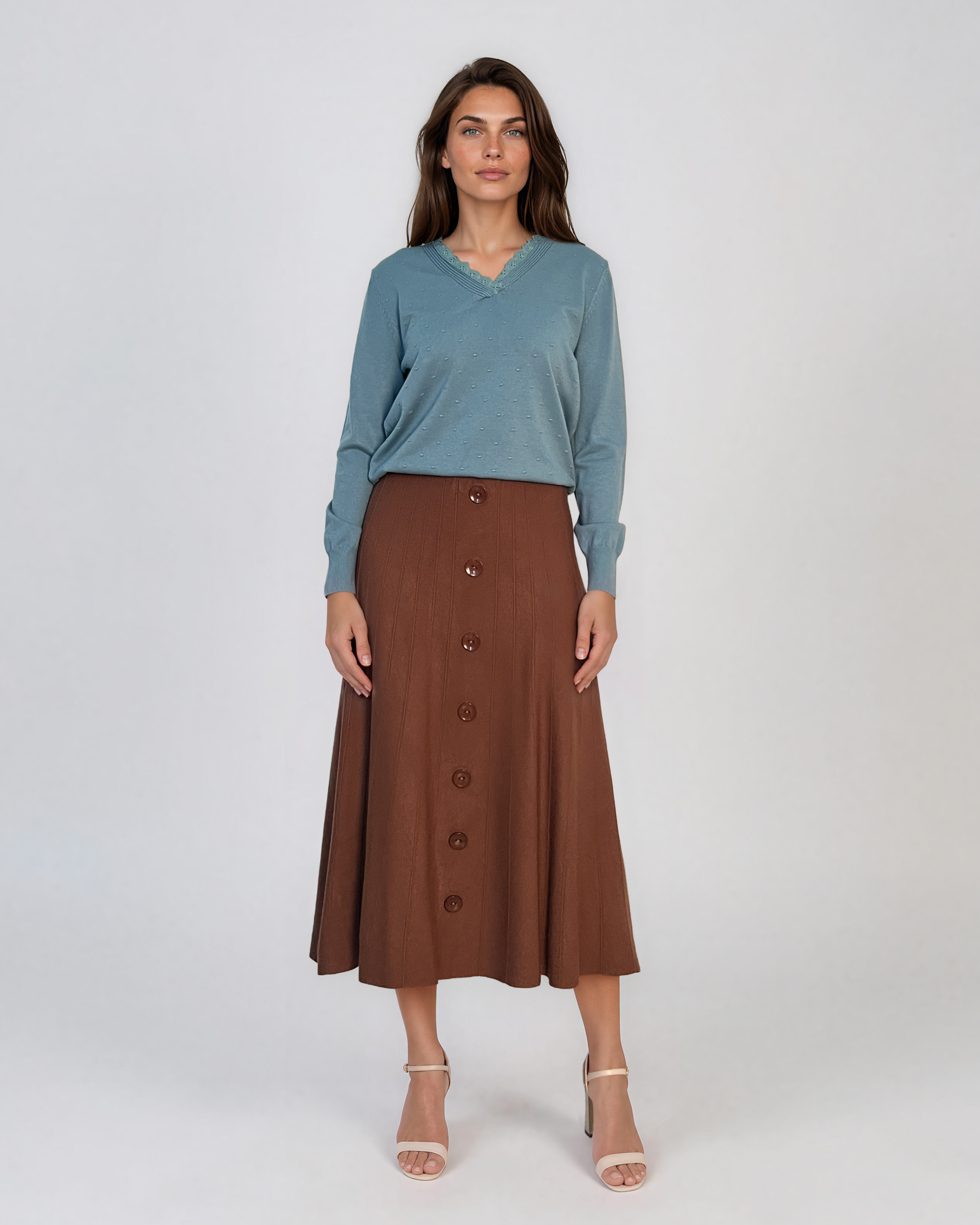 Pulover din tricot fin cu decolteu în V bleu DY732