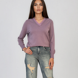 Pulover din tricot fin cu decolteu în V mov DY732