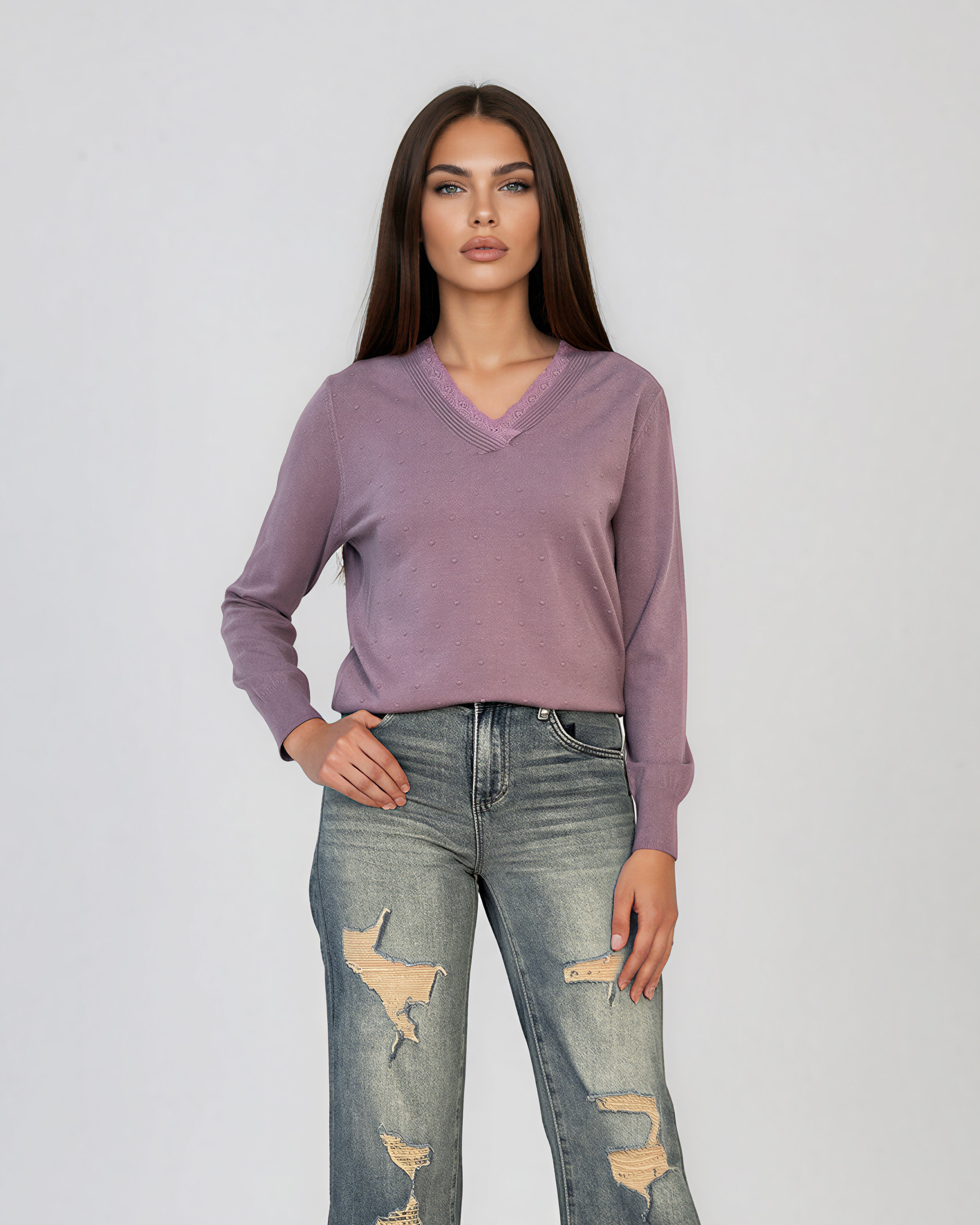 Pulover din tricot fin cu decolteu în V mov DY732