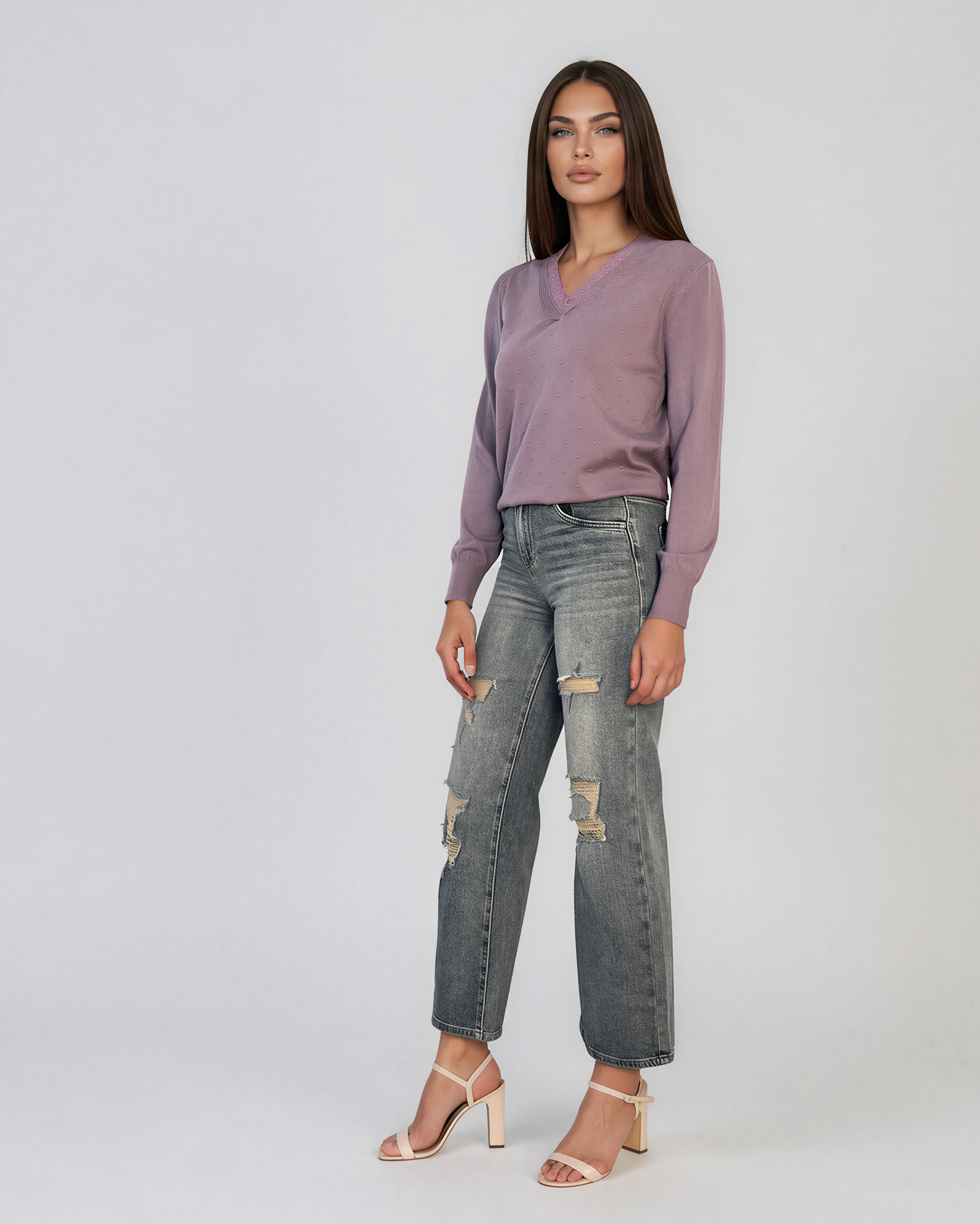 Pulover din tricot fin cu decolteu în V mov DY732