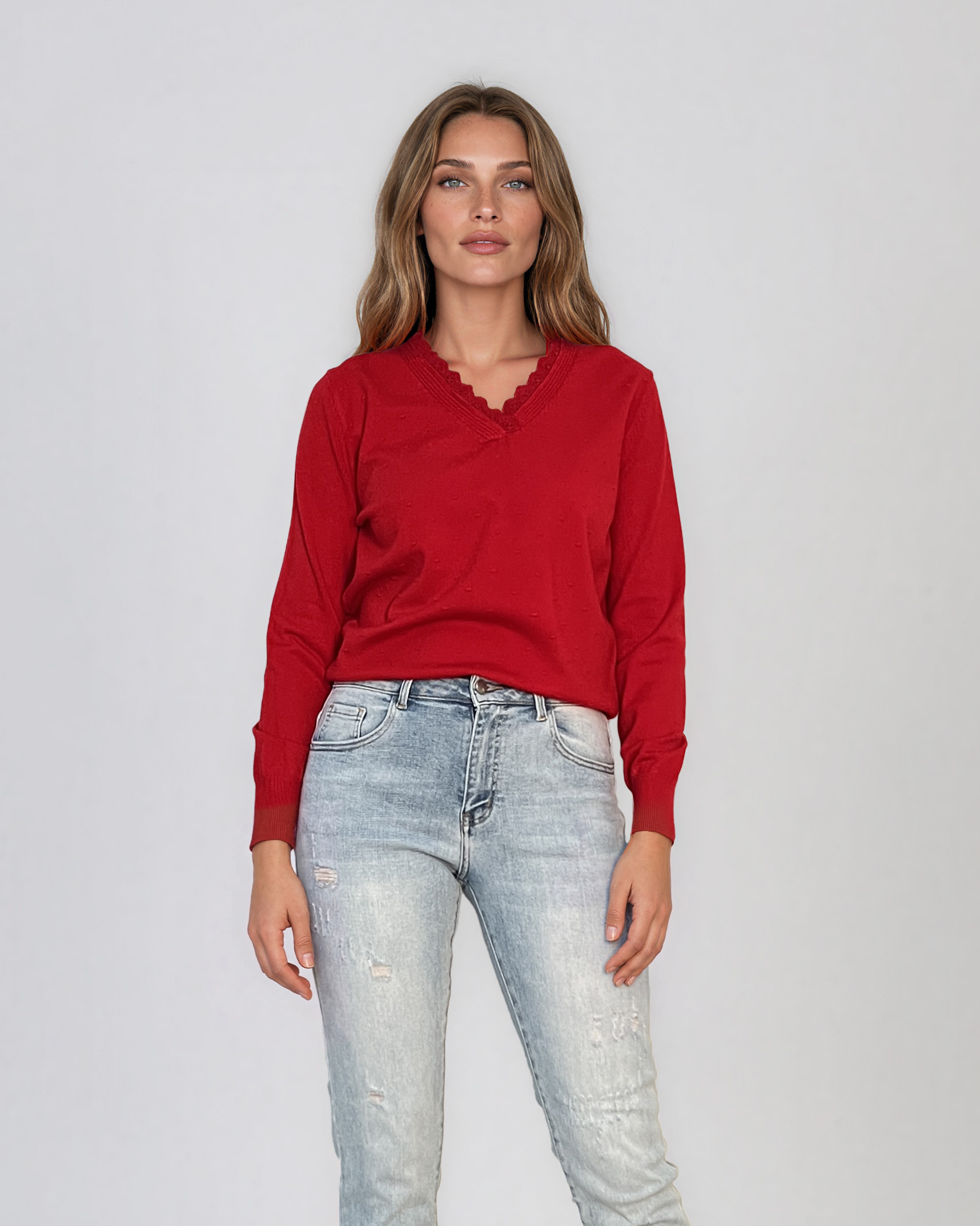 Pulover din tricot fin cu decolteu în V roşu DY732