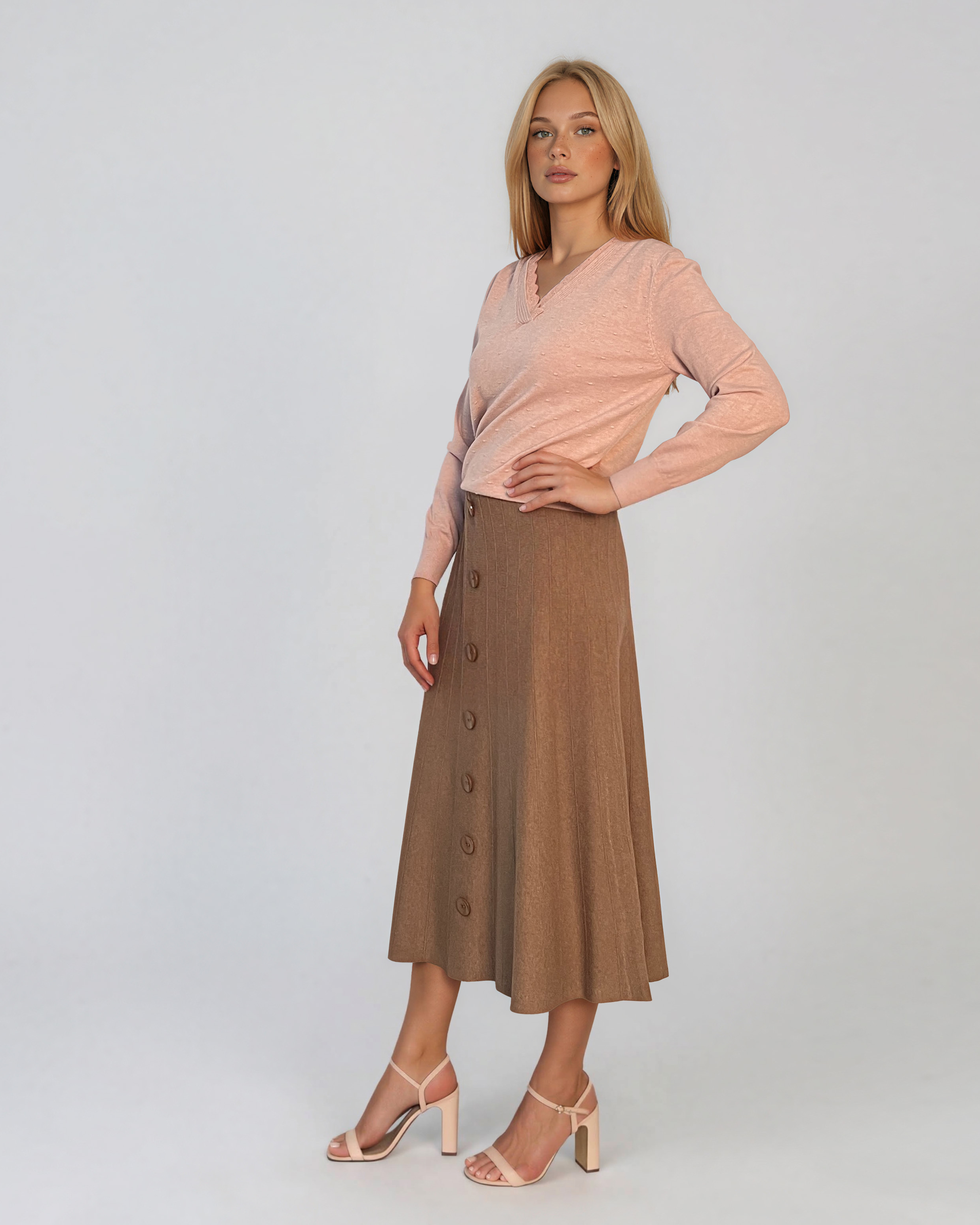 Pulover din tricot fin cu decolteu în V roz DY732