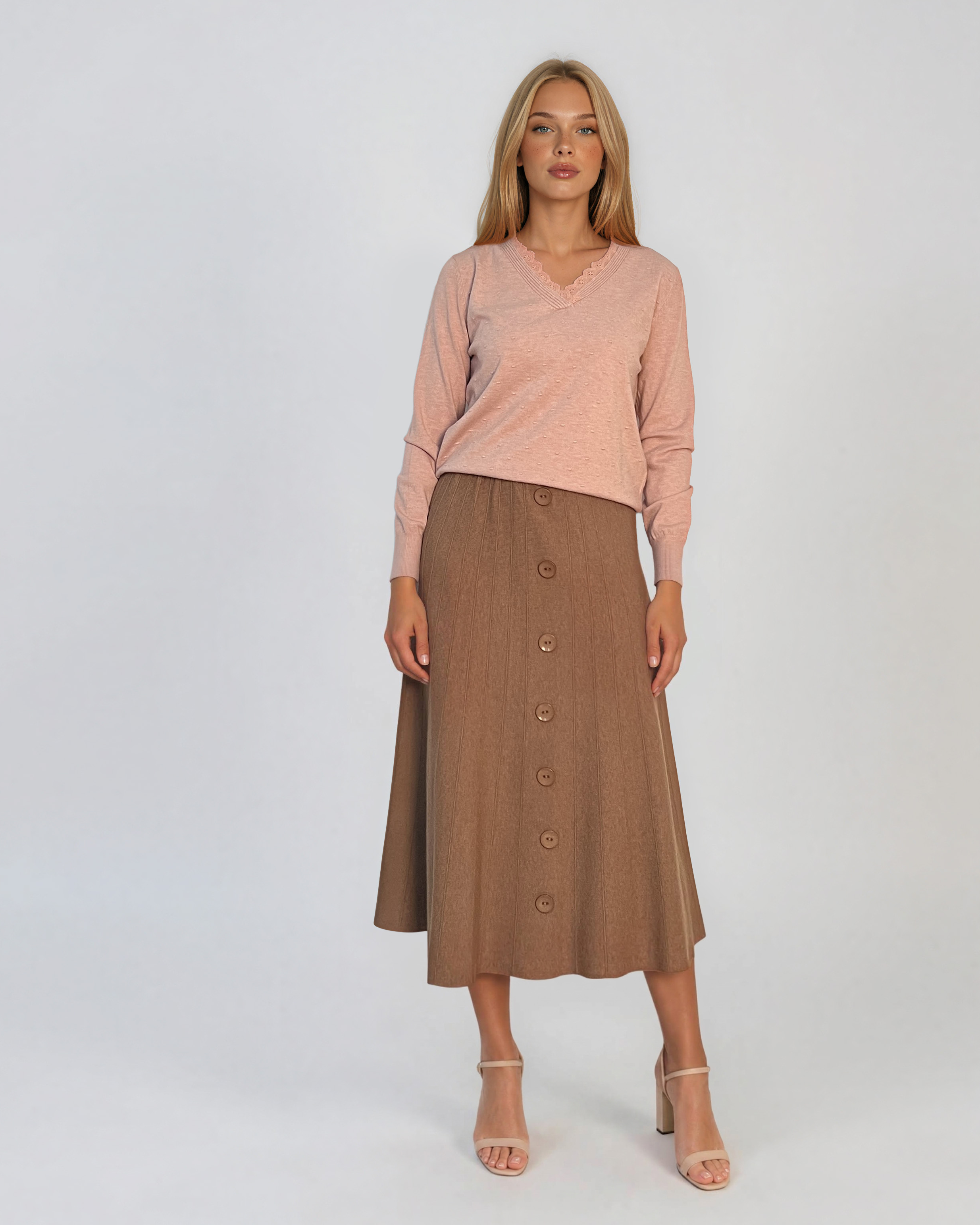 Pulover din tricot fin cu decolteu în V roz DY732