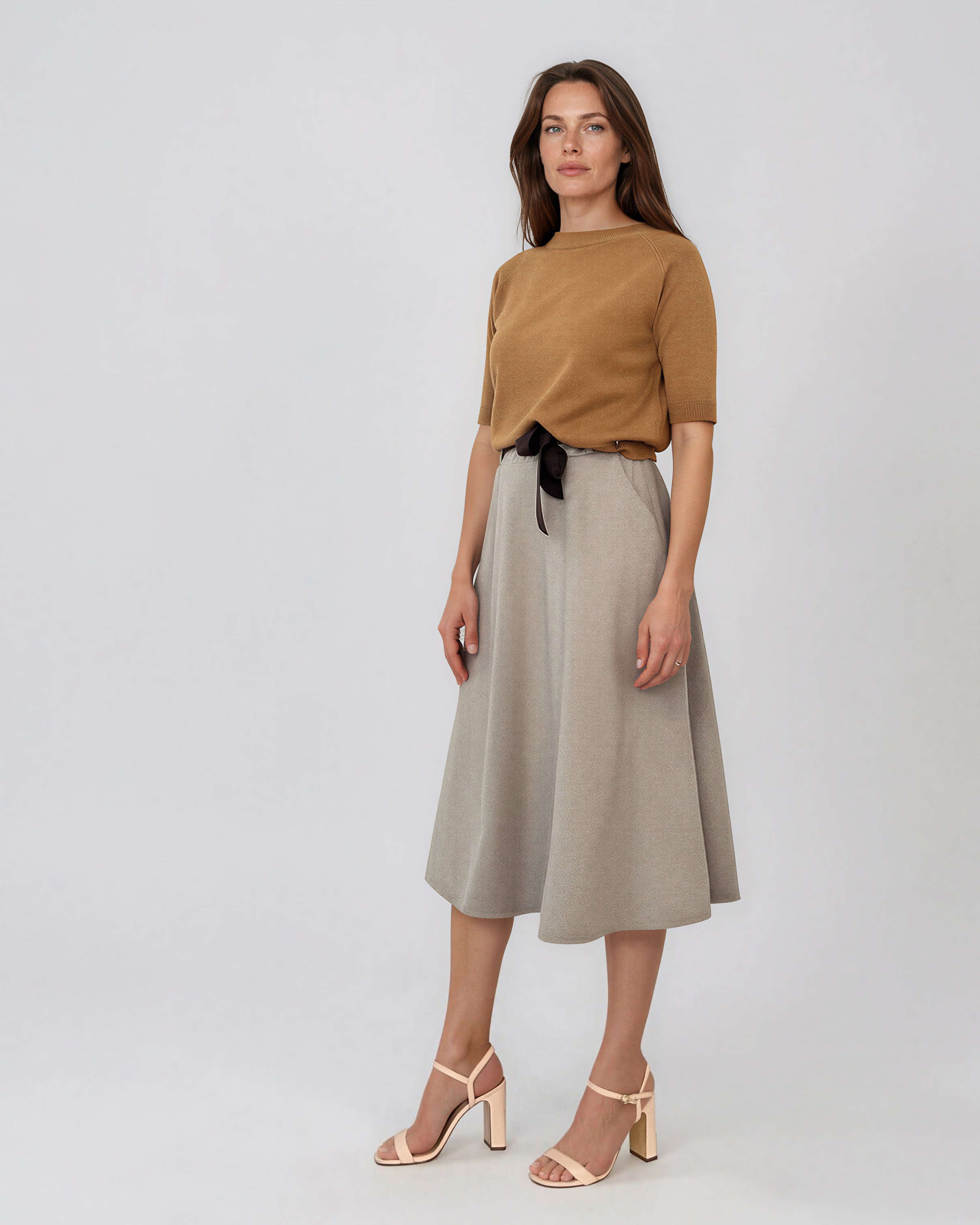 Pulover din tricot texturat cu mânecă scurtă beige HL250