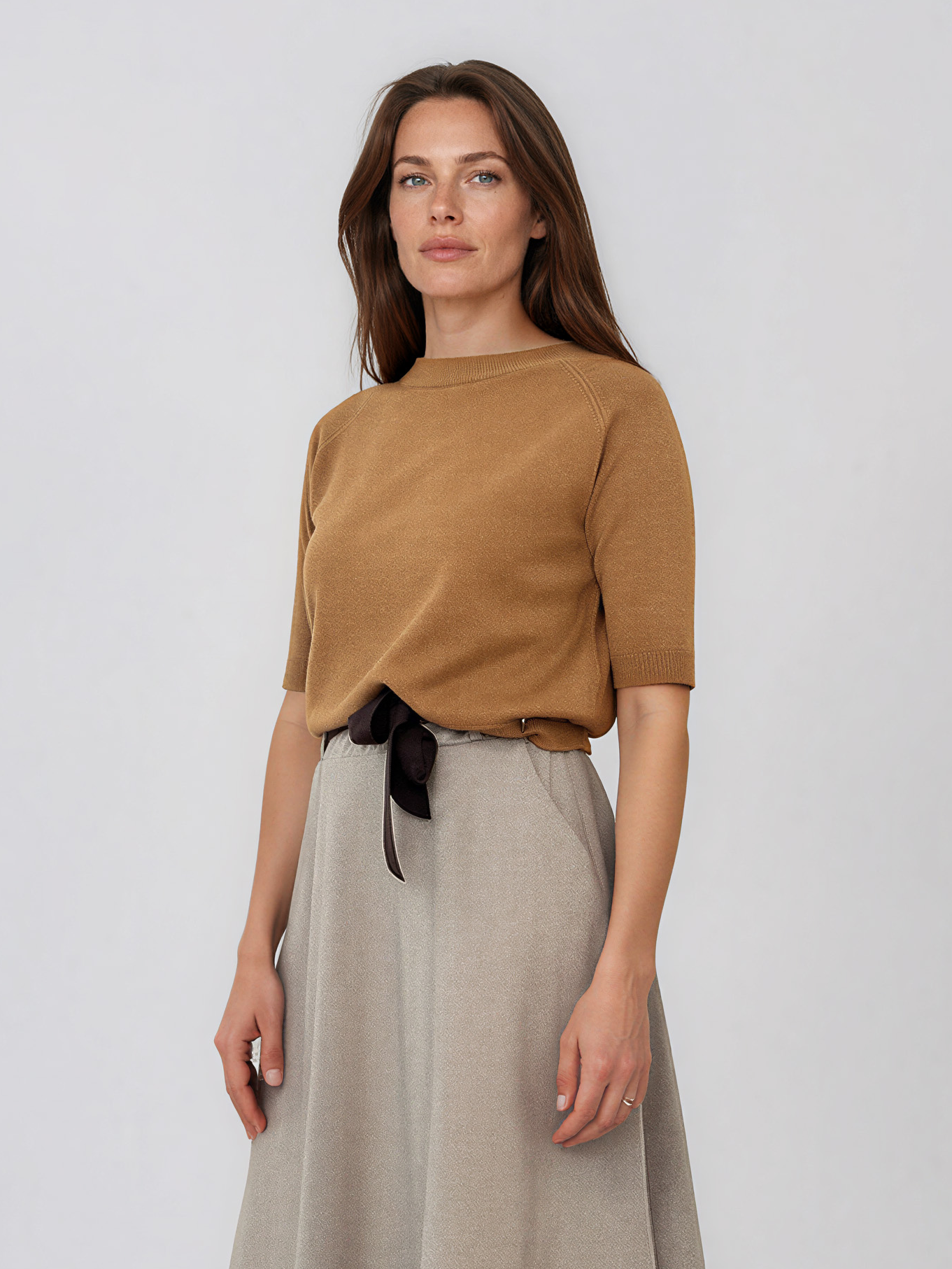 Pulover din tricot texturat cu mânecă scurtă beige HL250