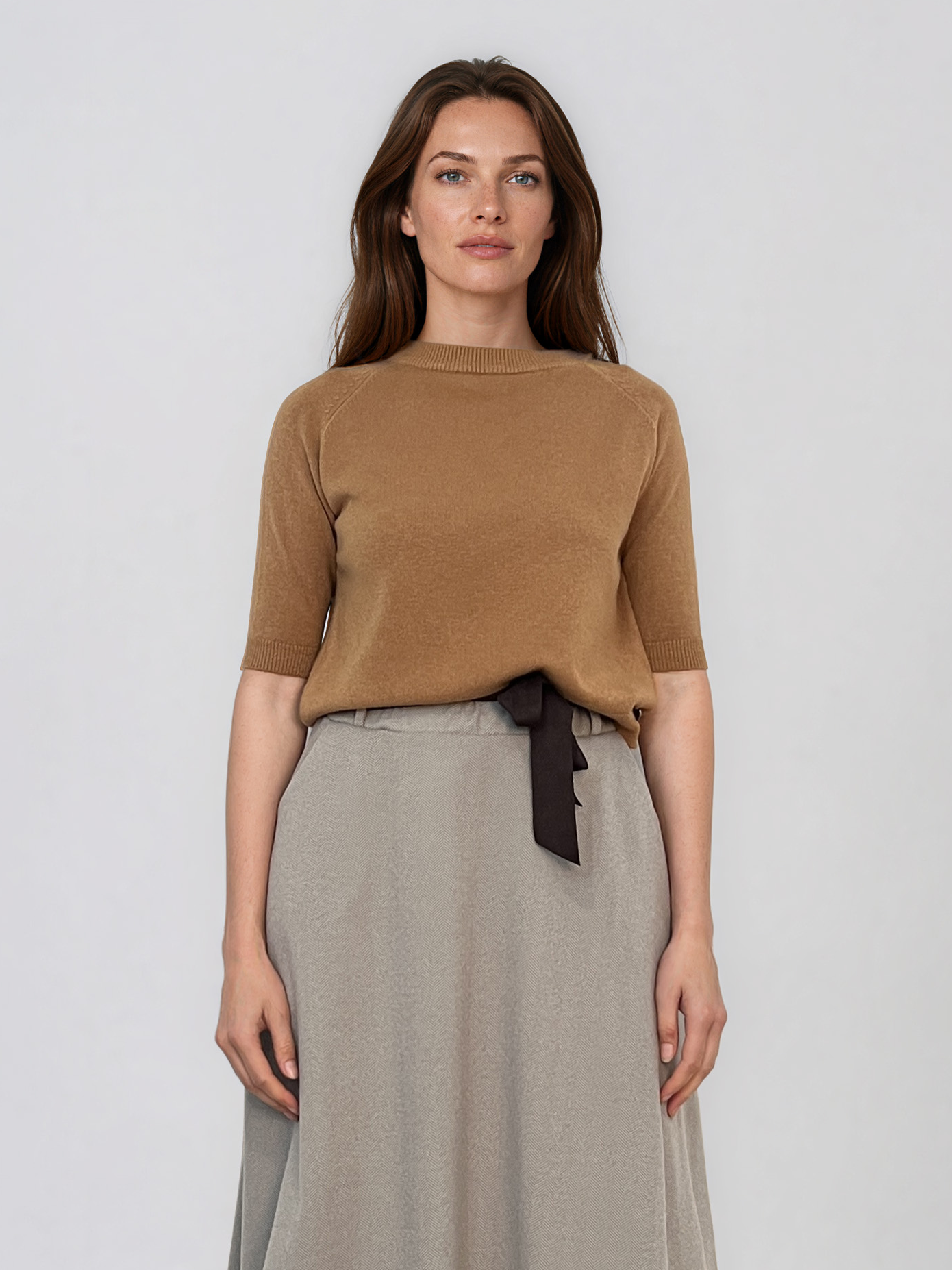 Pulover din tricot texturat cu mânecă scurtă beige HL250