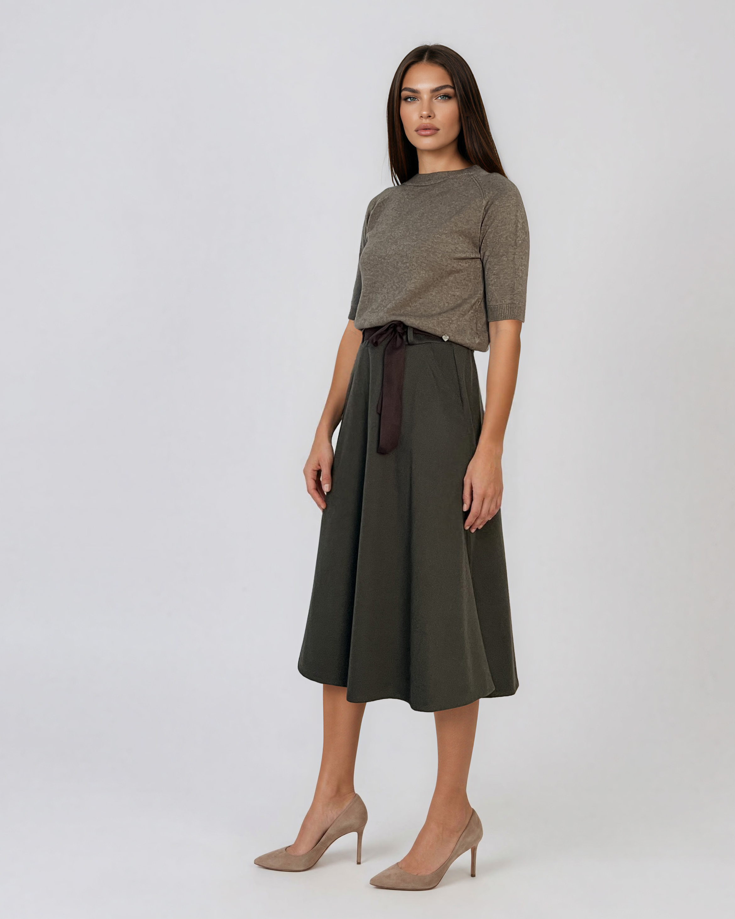Pulover din tricot texturat cu mânecă scurtă kaki HL250