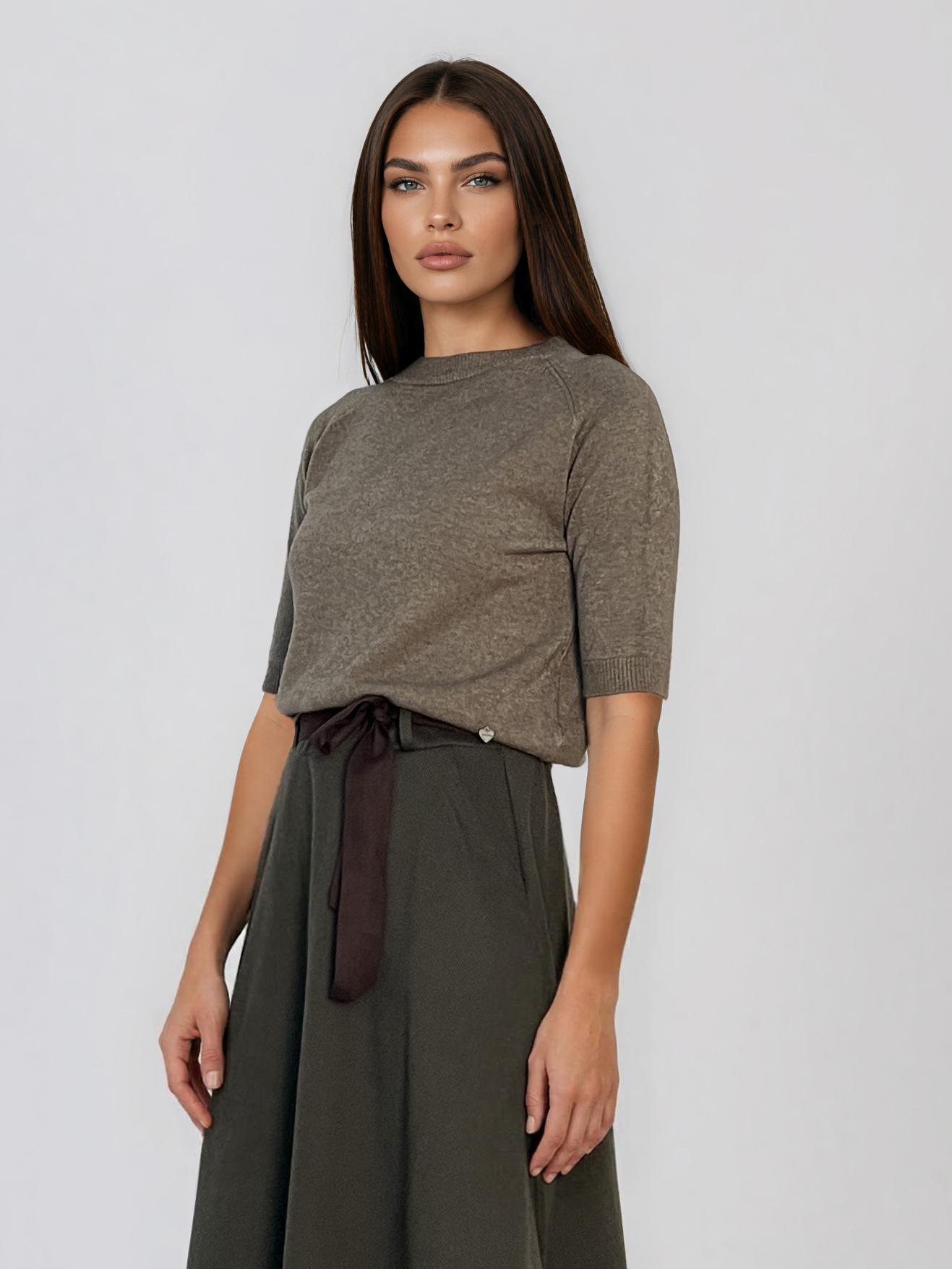 Pulover din tricot texturat cu mânecă scurtă kaki HL250