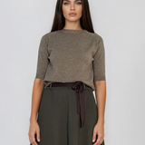 Pulover din tricot texturat cu mânecă scurtă kaki HL250