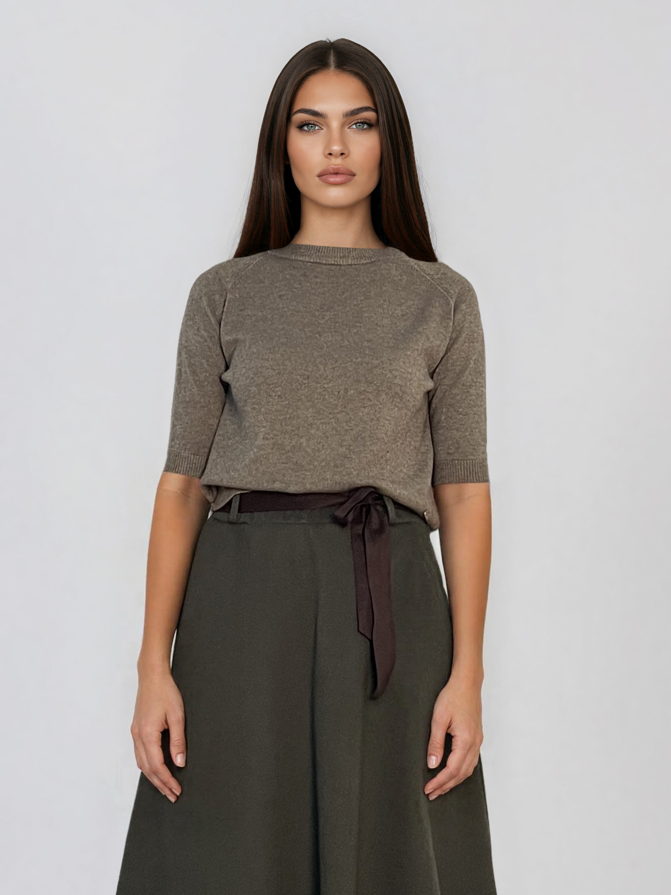 Pulover din tricot texturat cu mânecă scurtă kaki HL250