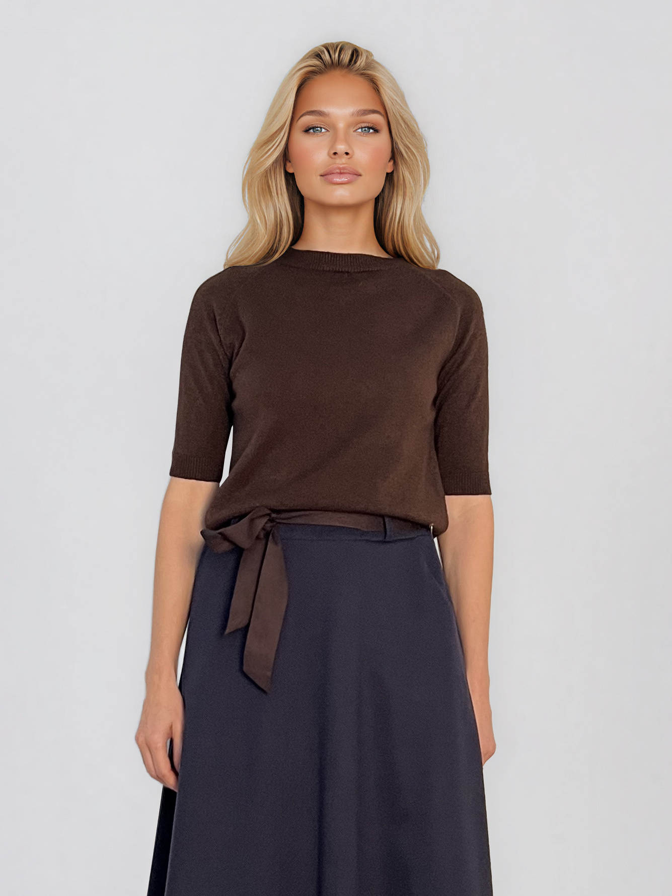 Pulover din tricot texturat cu mânecă scurtă maro HL250