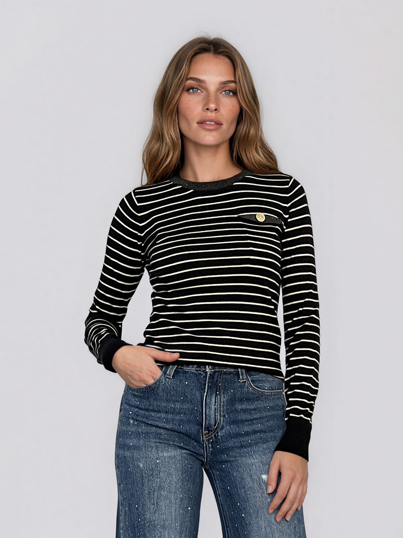 Pulover în dungi cu buzunar decorativ şi nasture auriu negru DY741