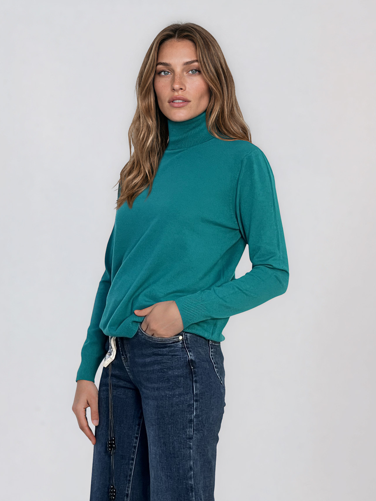 Pulover lejer cu guler înalt din lână şi caşmir aqua LR364