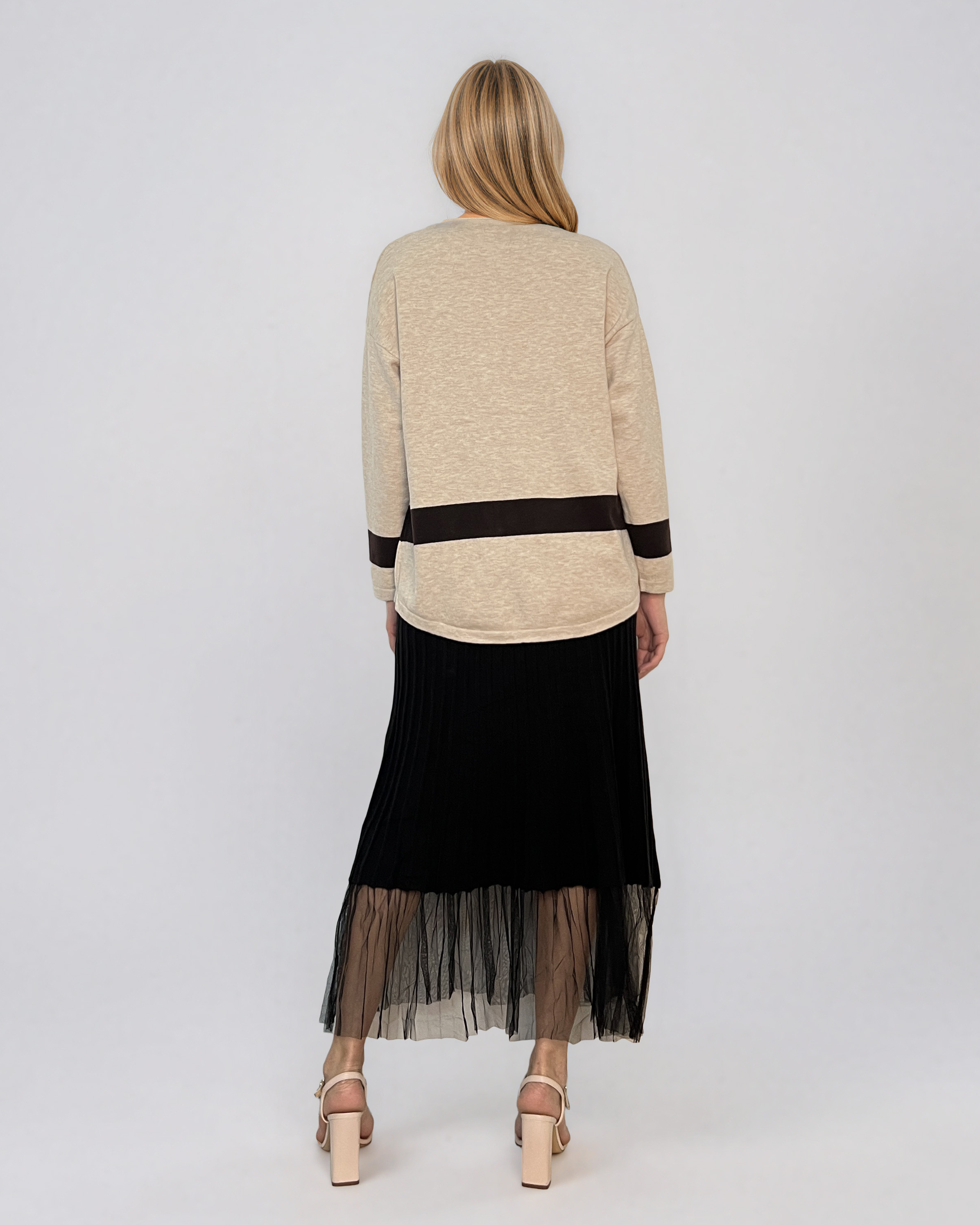 Pulover lejer din tricot cu dungi contrastante crem PN104