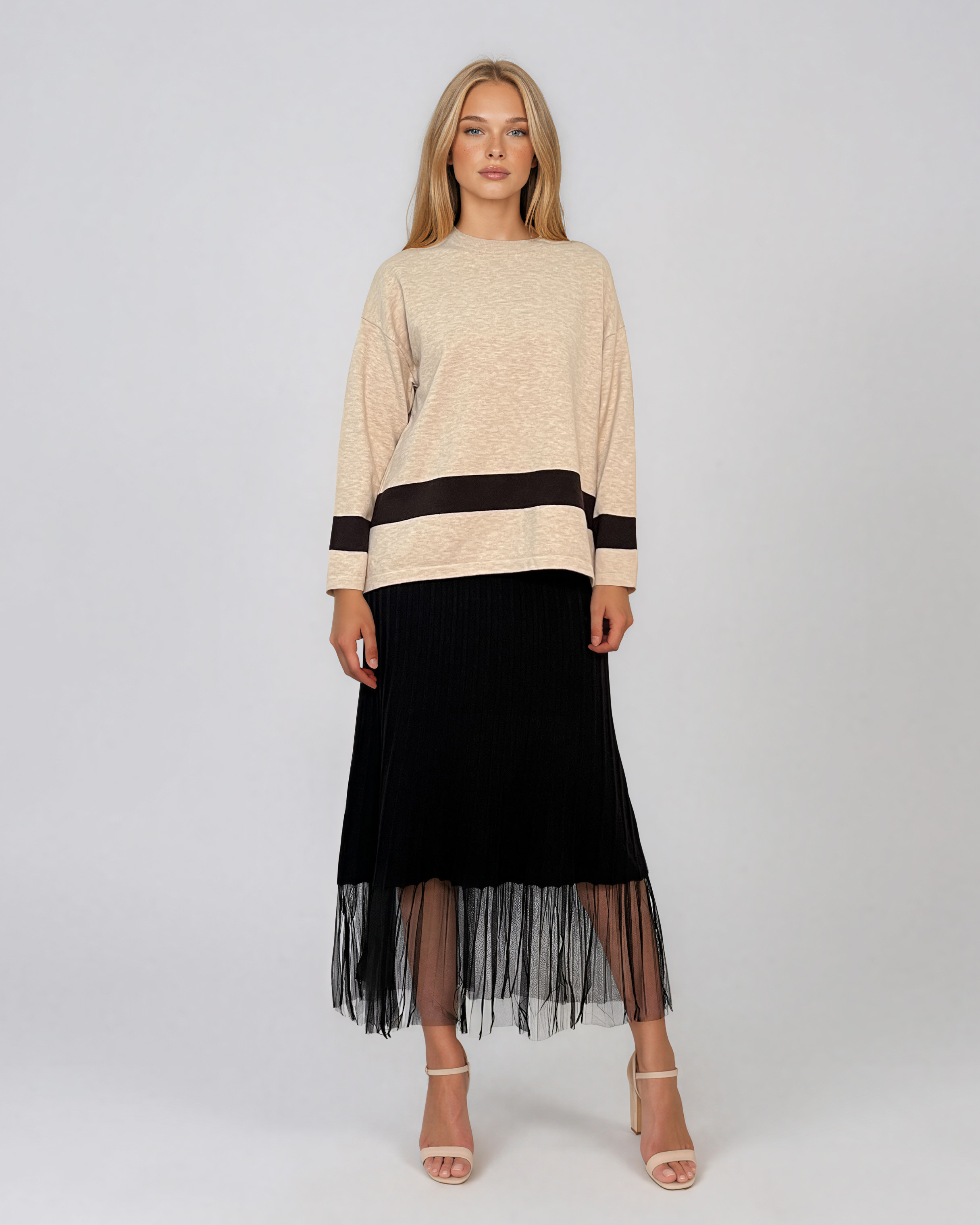 Pulover lejer din tricot cu dungi contrastante crem PN104