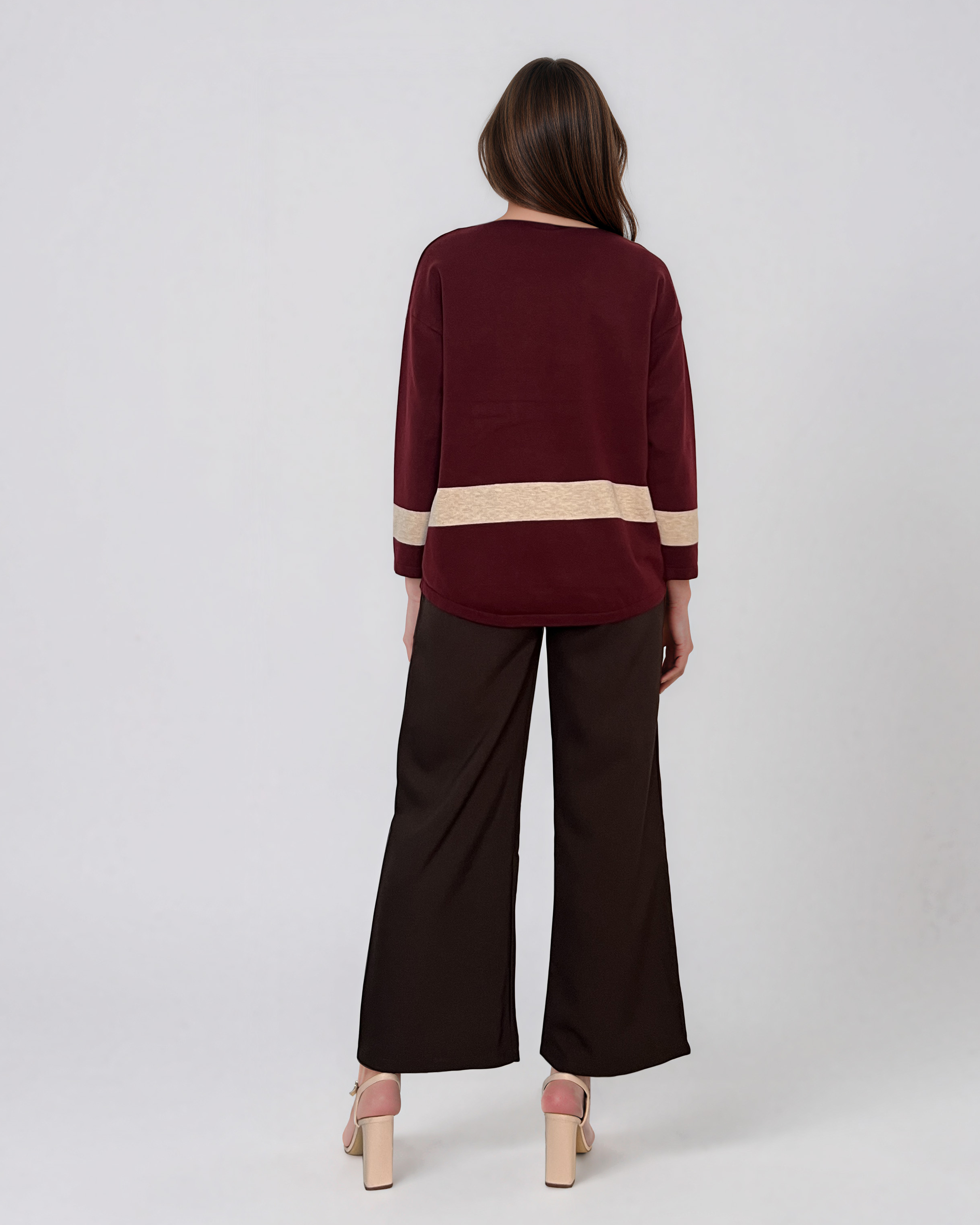 Pulover lejer din tricot cu dungi contrastante grena PN104