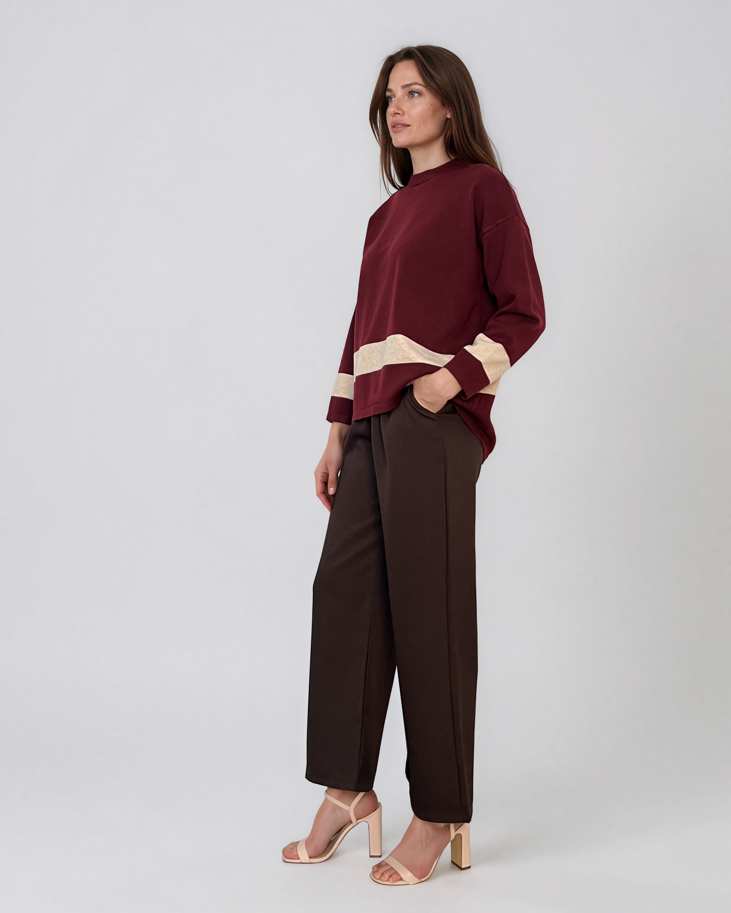 Pulover lejer din tricot cu dungi contrastante grena PN104