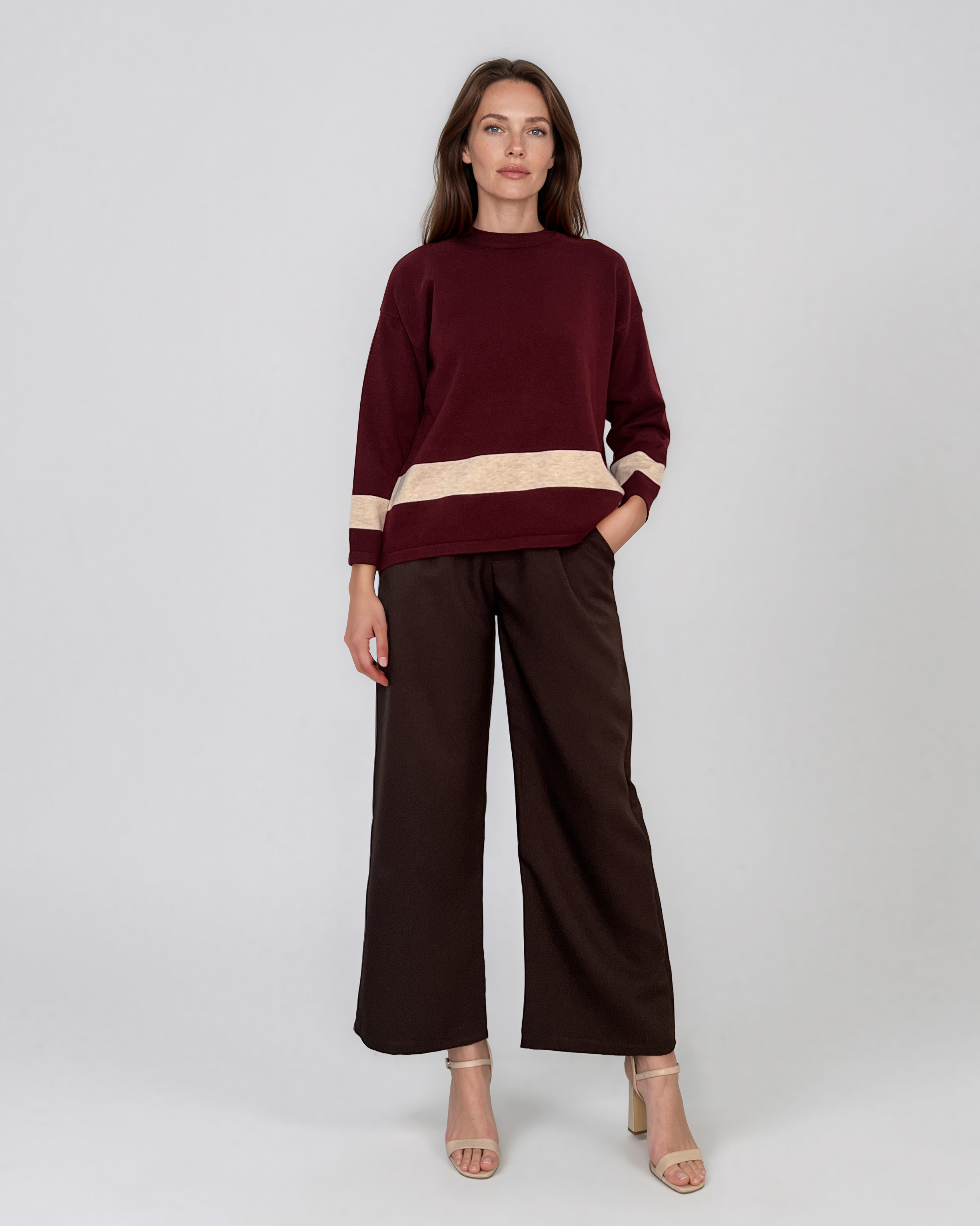 Pulover lejer din tricot cu dungi contrastante grena PN104