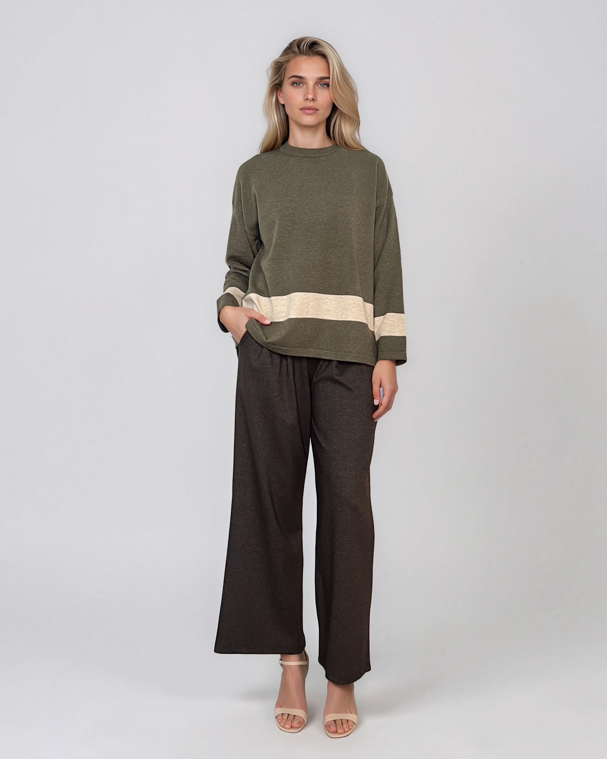 Pulover lejer din tricot cu dungi contrastante kaki PN104
