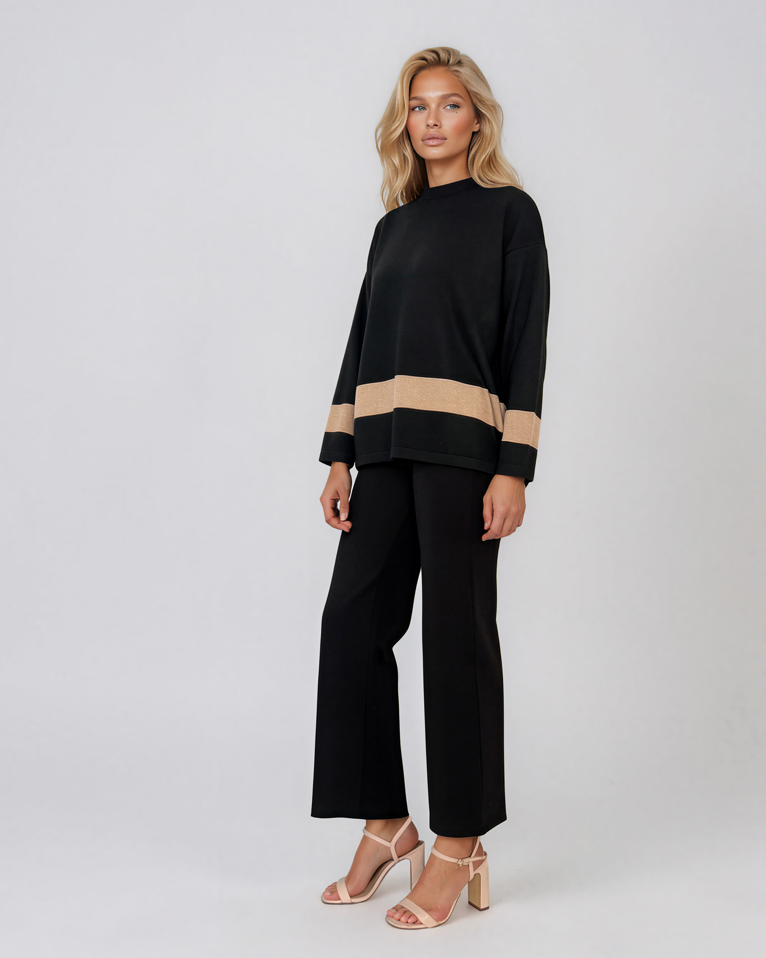 Pulover lejer din tricot cu dungi contrastante negru PN104