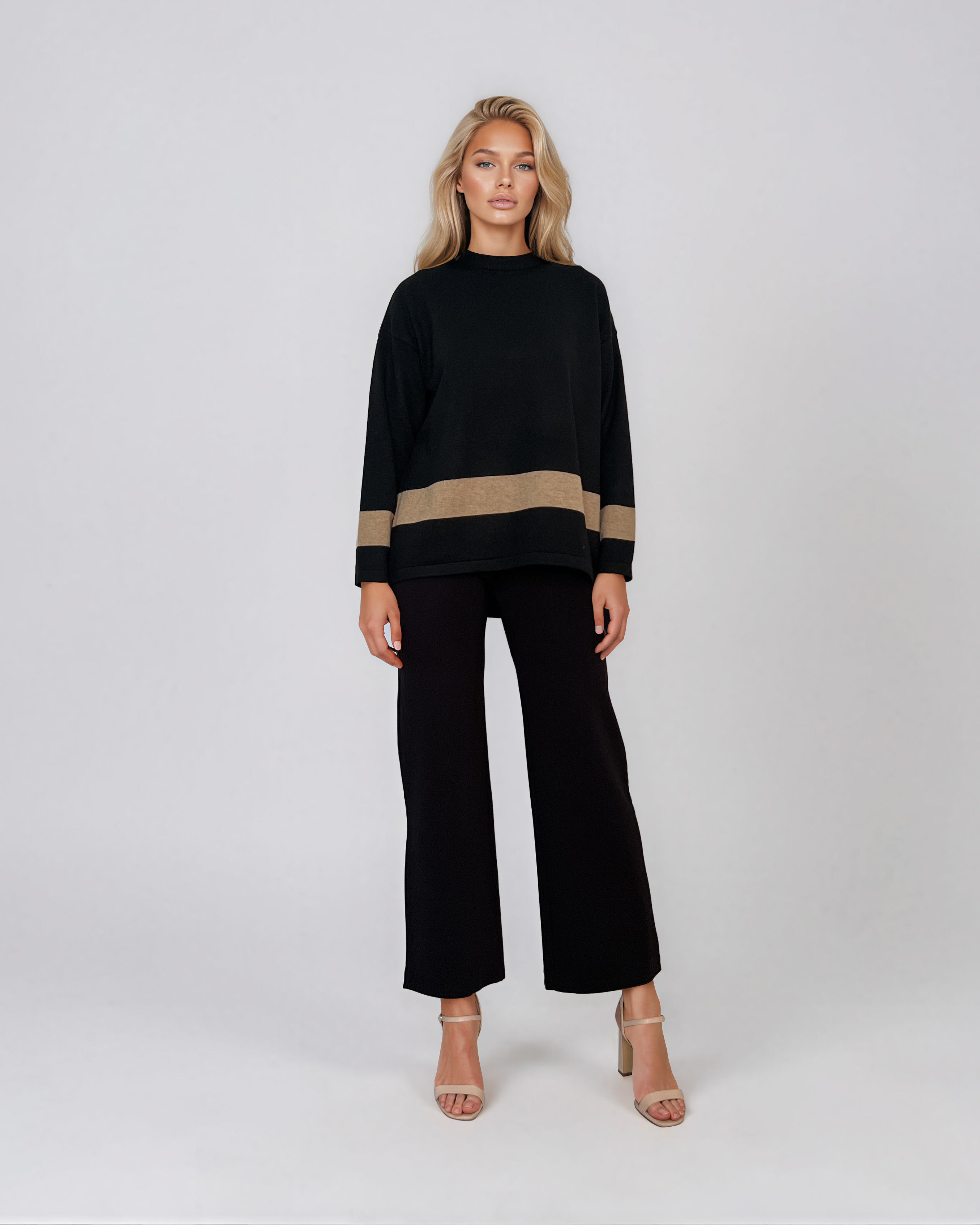 Pulover lejer din tricot cu dungi contrastante negru PN104