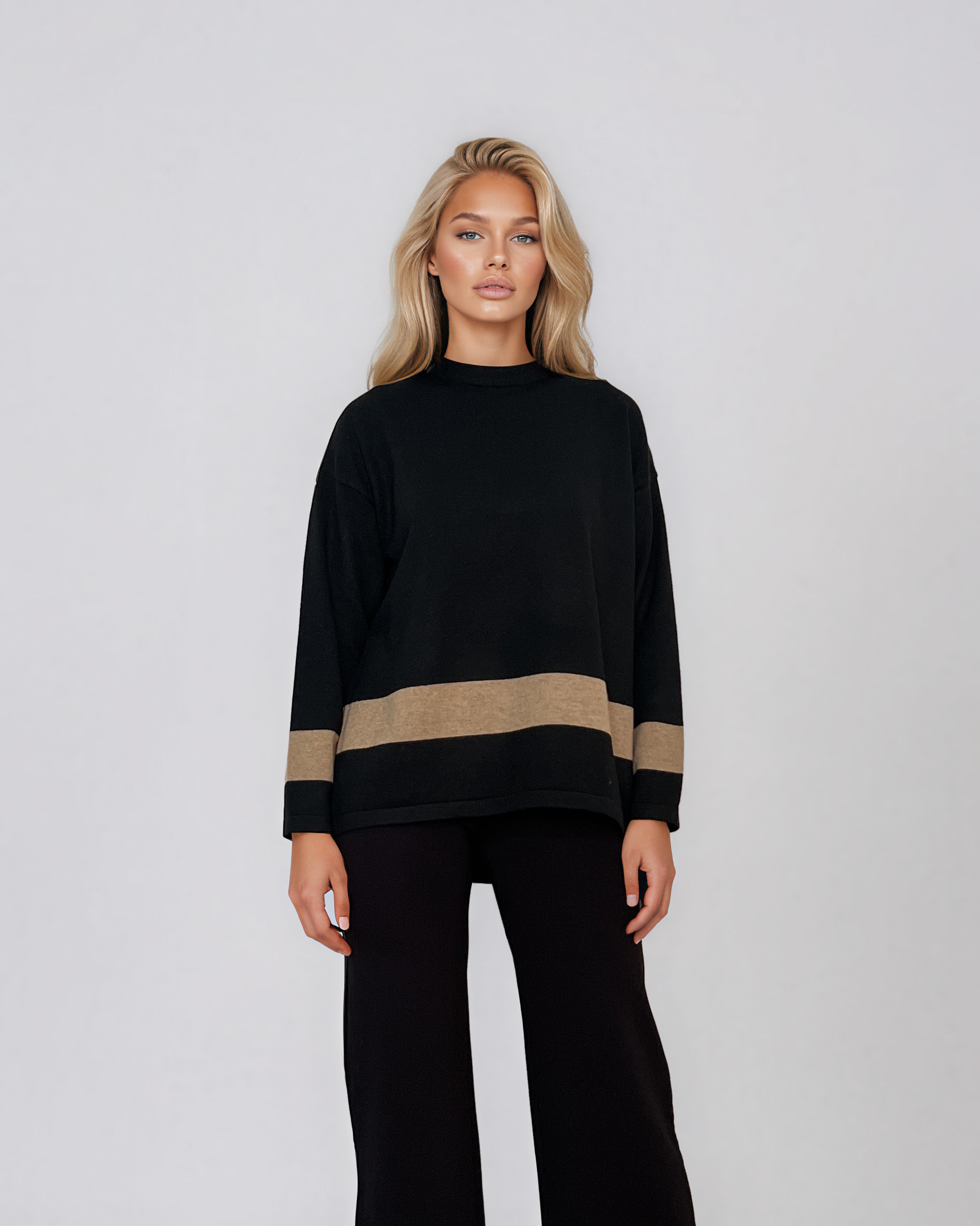 Pulover lejer din tricot cu dungi contrastante negru PN104