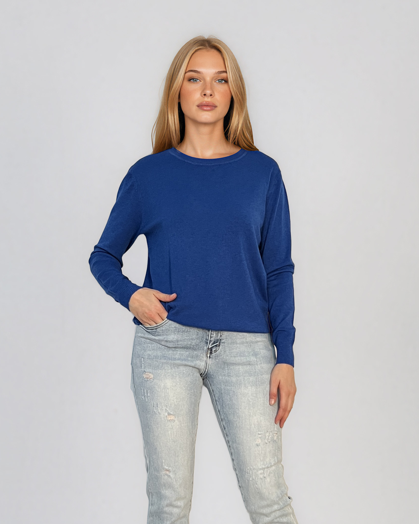 Pulover lejer din tricot cu lână şi caşmir albastru LR357