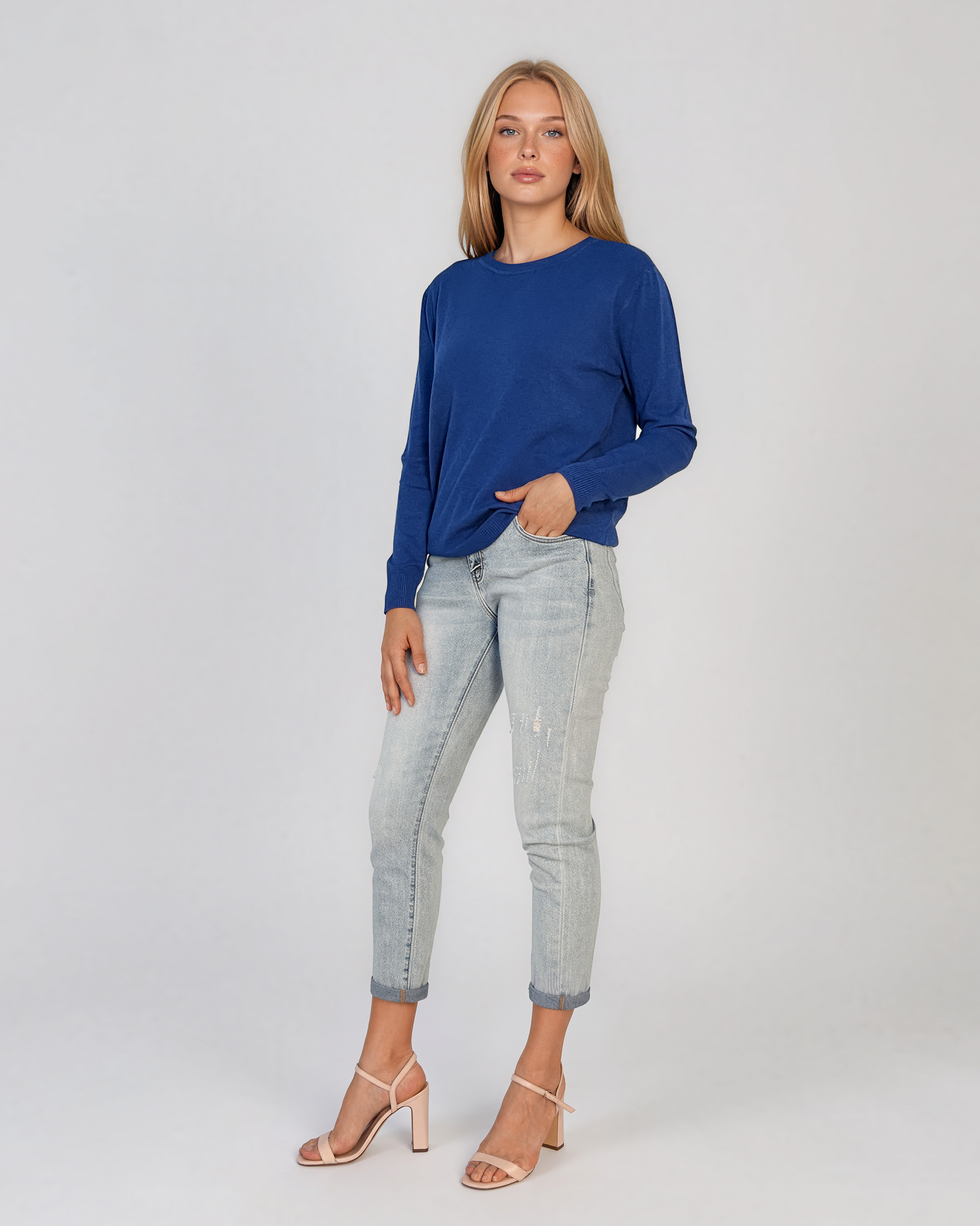 Pulover lejer din tricot cu lână şi caşmir albastru LR357