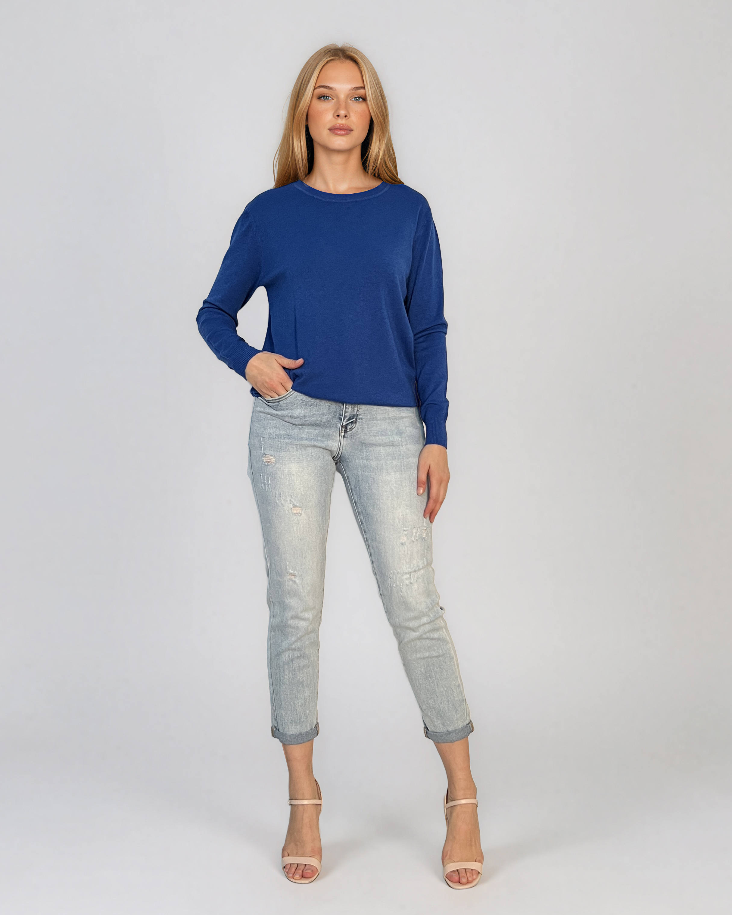 Pulover lejer din tricot cu lână şi caşmir albastru LR357