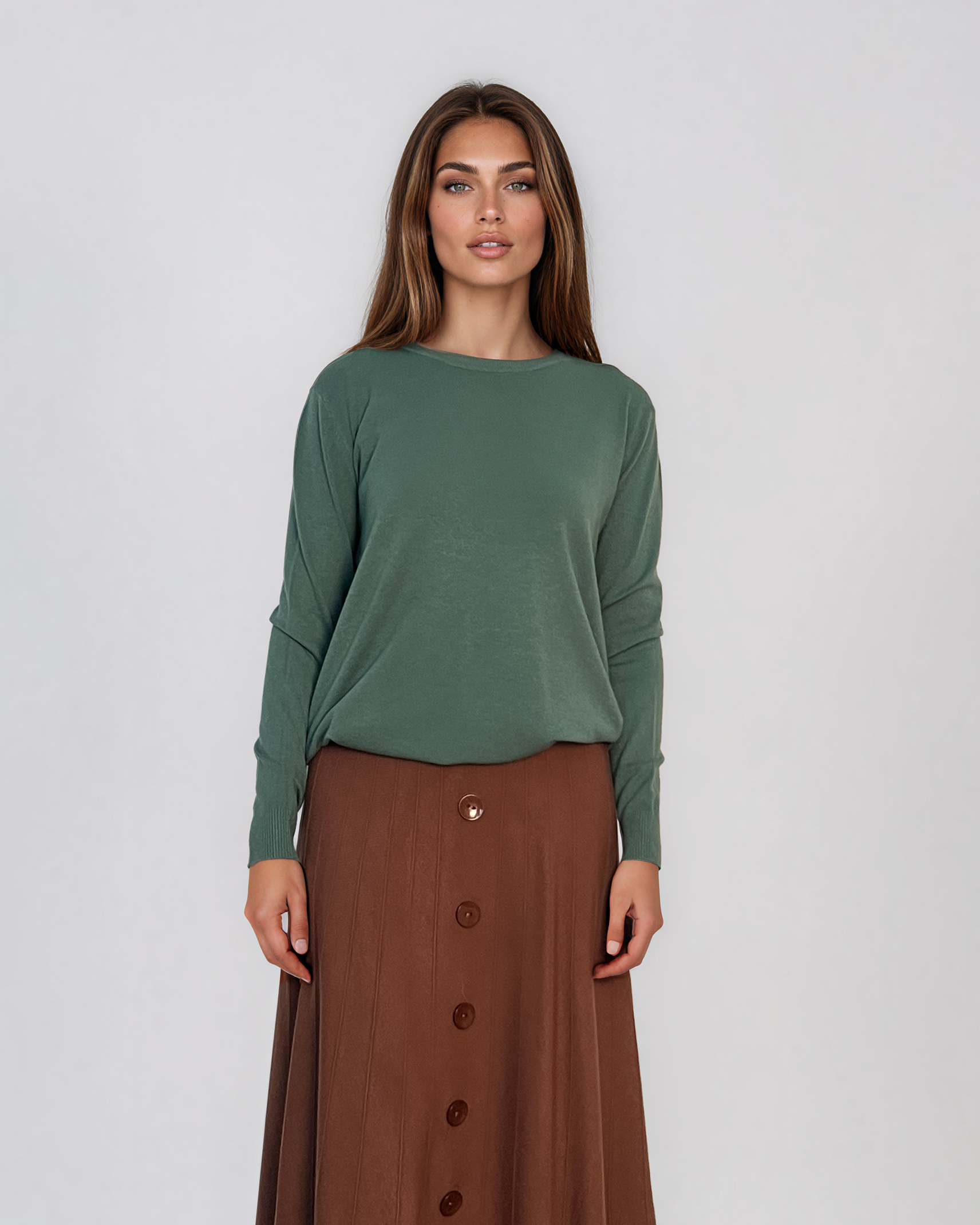 Pulover lejer din tricot cu lână şi caşmir kaki LR357